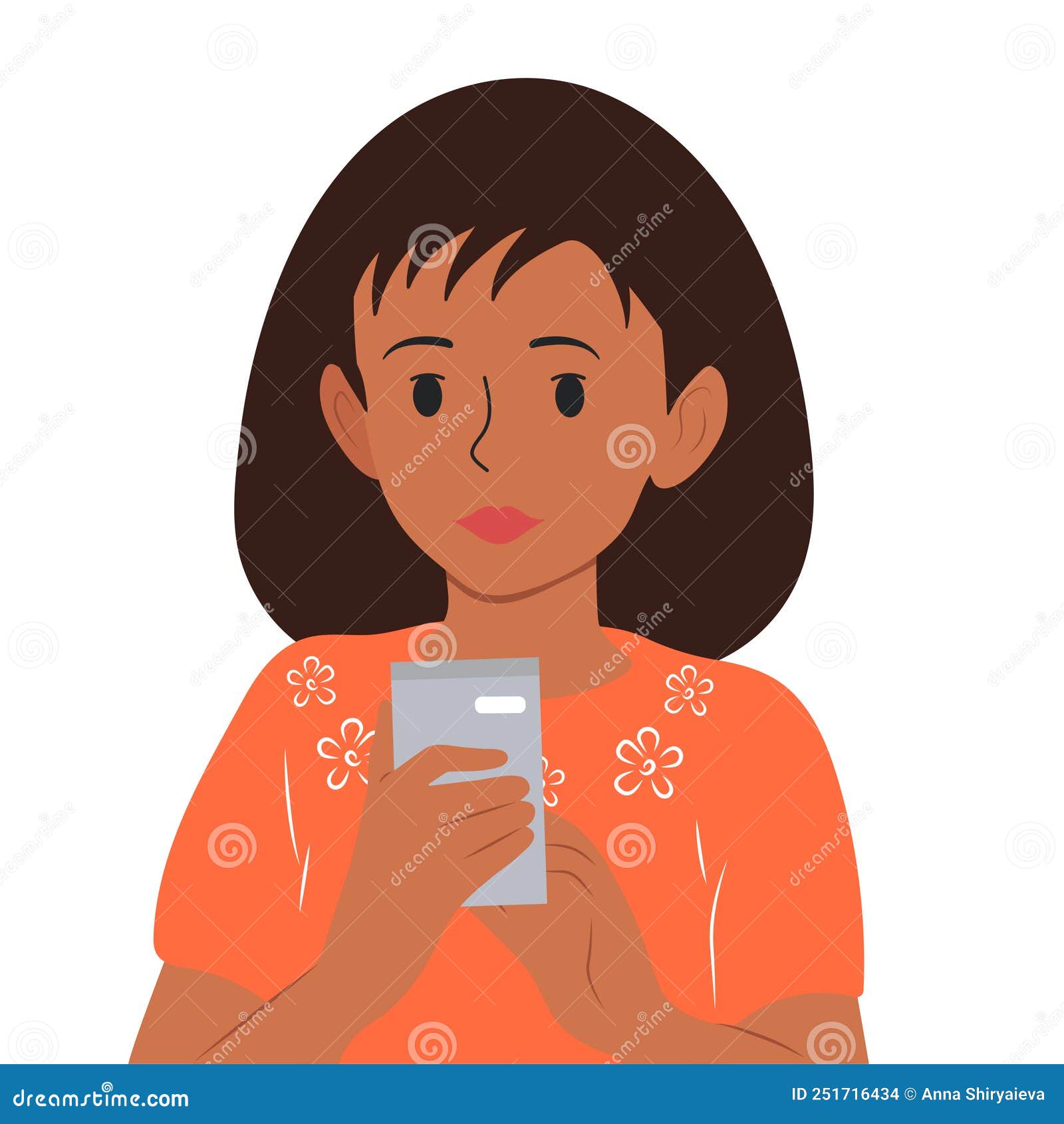 The Girl is Holding a Phone, a Call or a Message in Her Hands. Vector