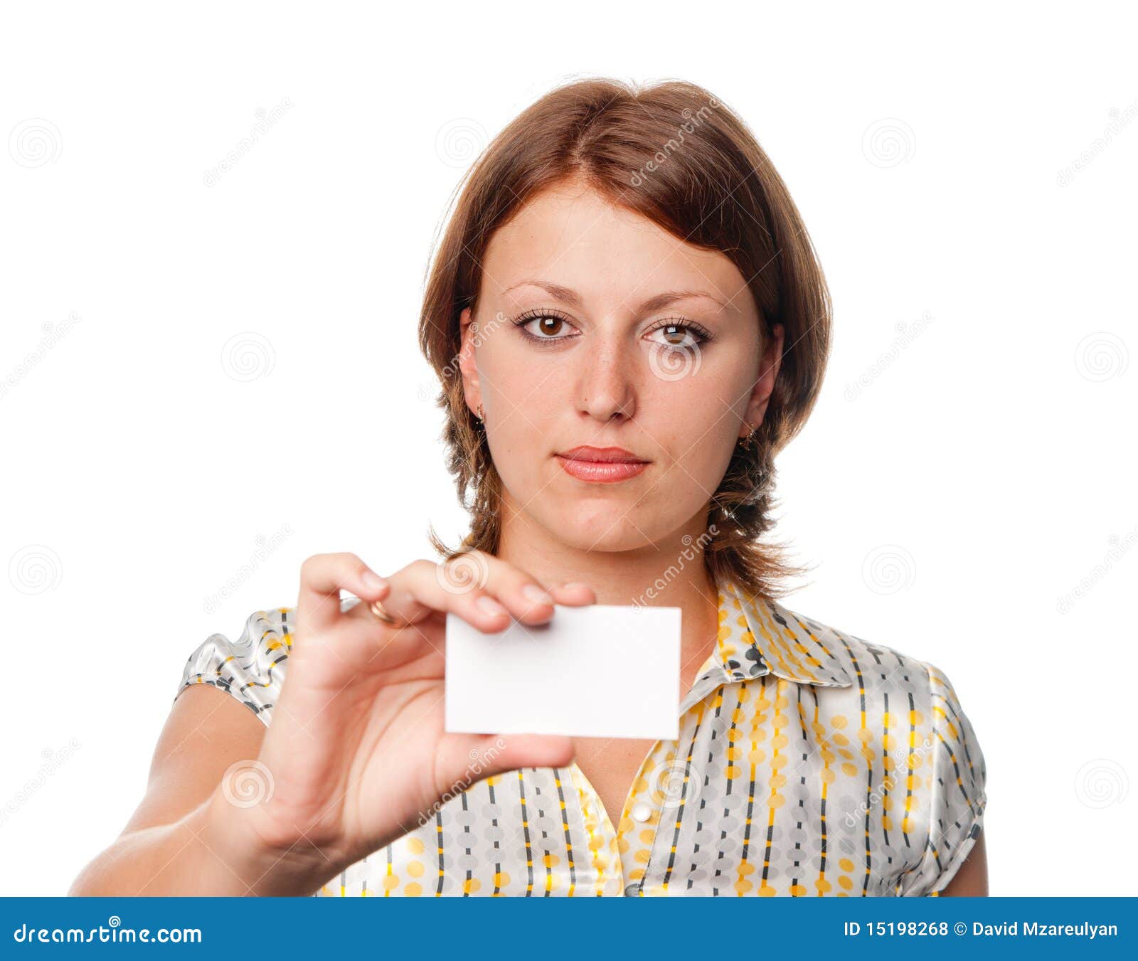 Girl holds blank card stock photo. Image of young, calm 15198268