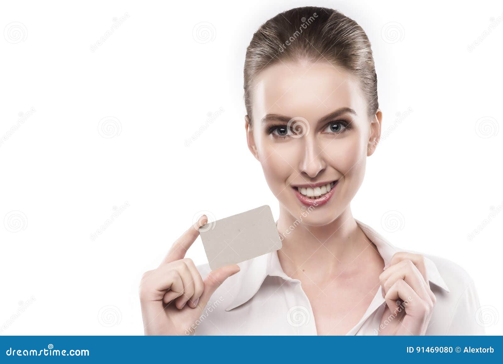 Girl Holds Blank Card Isolated on White Stock Photo Image of beauty