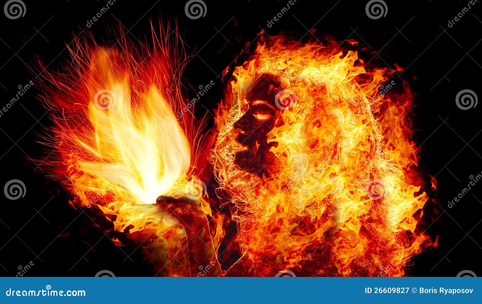 Girl Holds a Flame in Palms Stock Image - Image of light, dark: 26609827