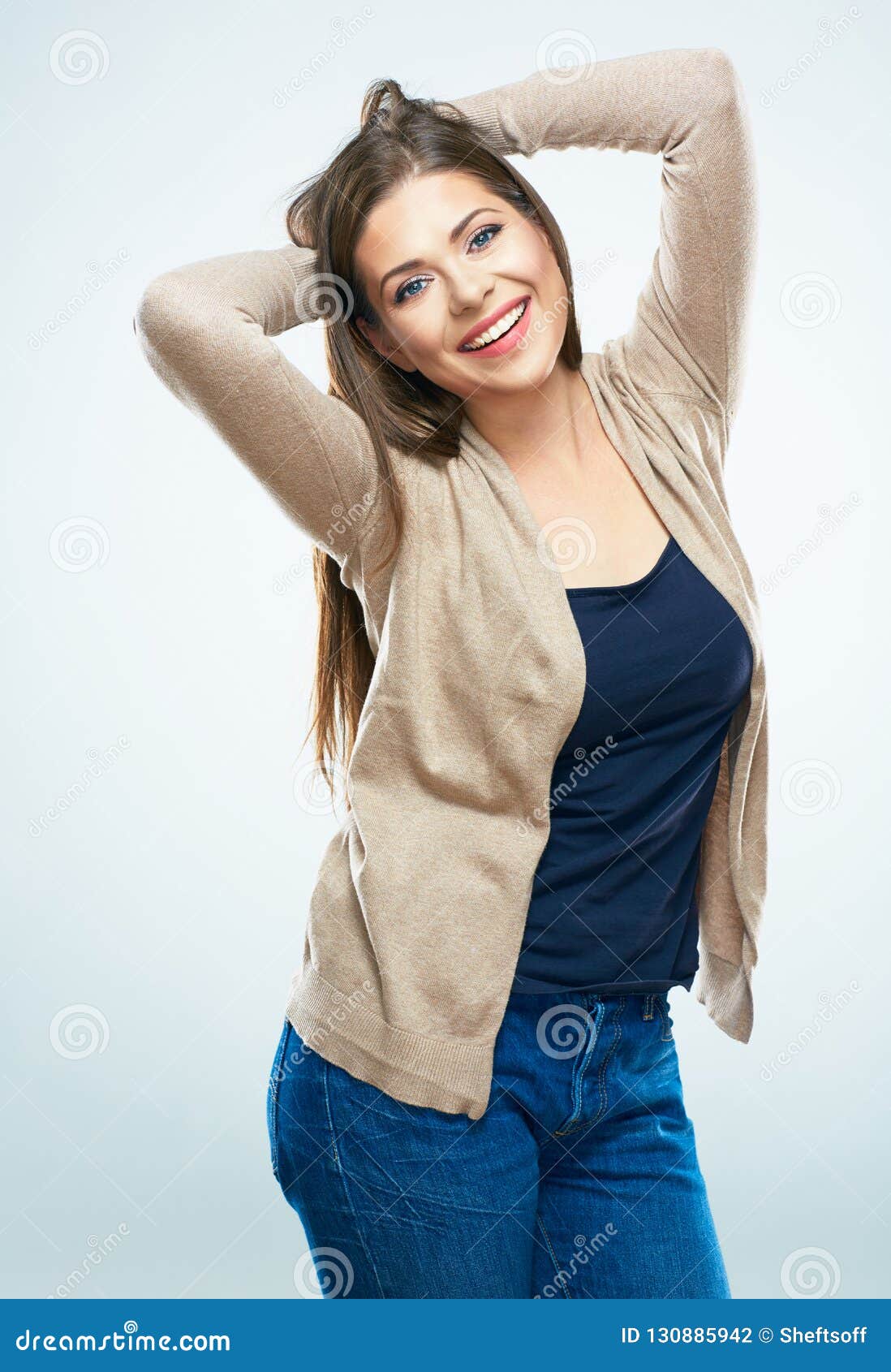 Girl Holds Hands Folded Behind Head. Stock Photo - Image of casual ...