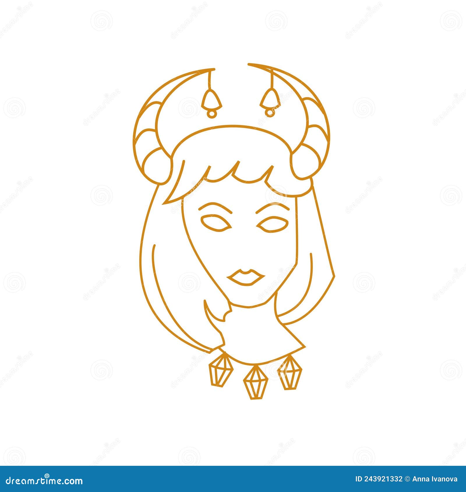 Girl with Horns and Bells Outline Portrait Stock Vector - Illustration ...