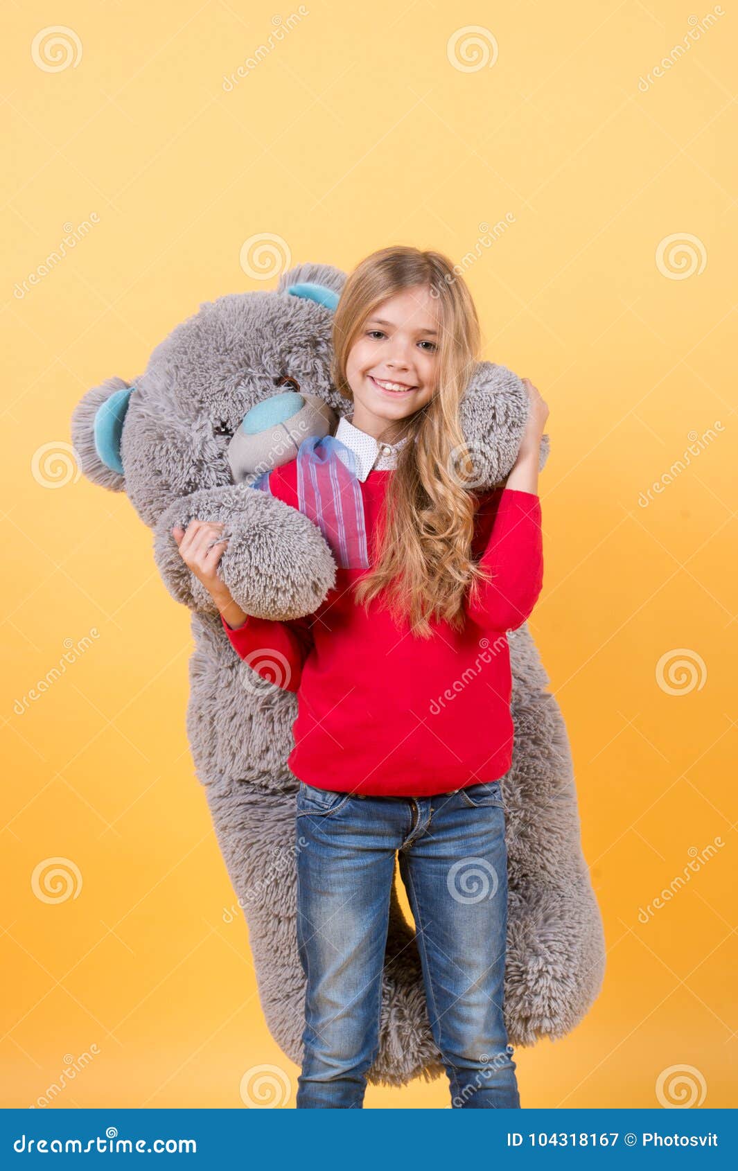 Girl Hug Big Teddy Bear on Orange Background Stock Image - Image of ...