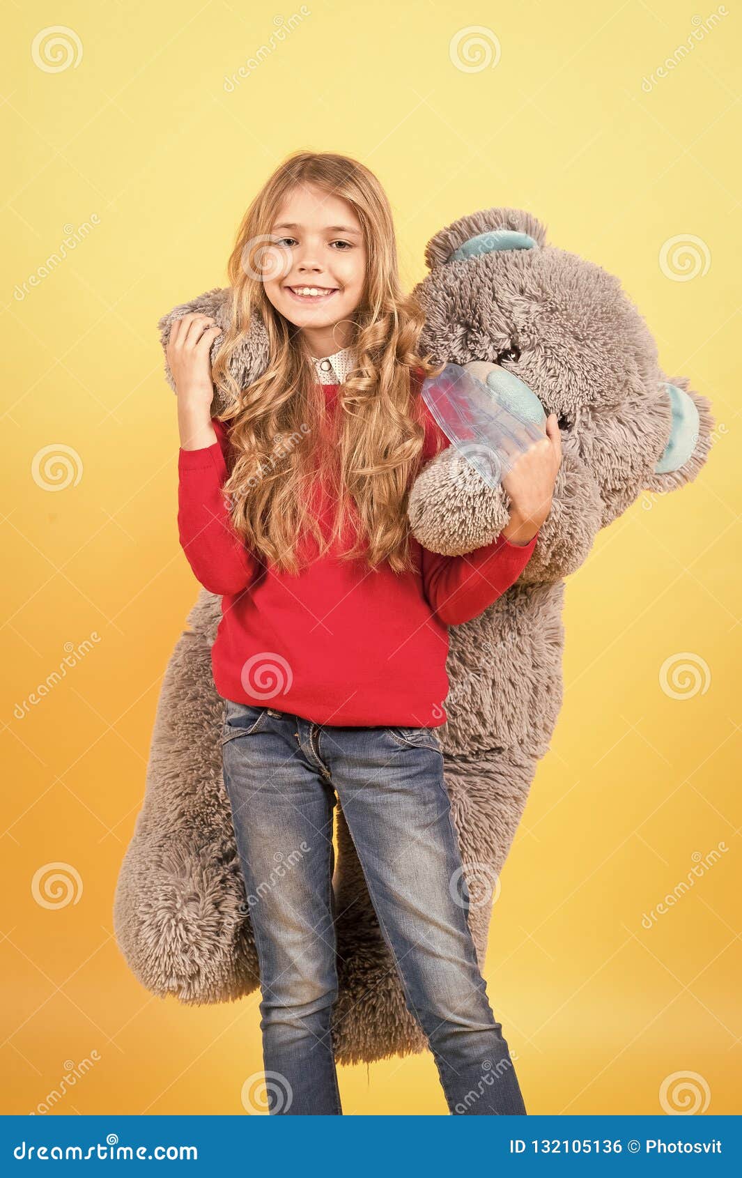 Girl Hug Big Teddy Bear on Orange Background Stock Photo - Image of ...