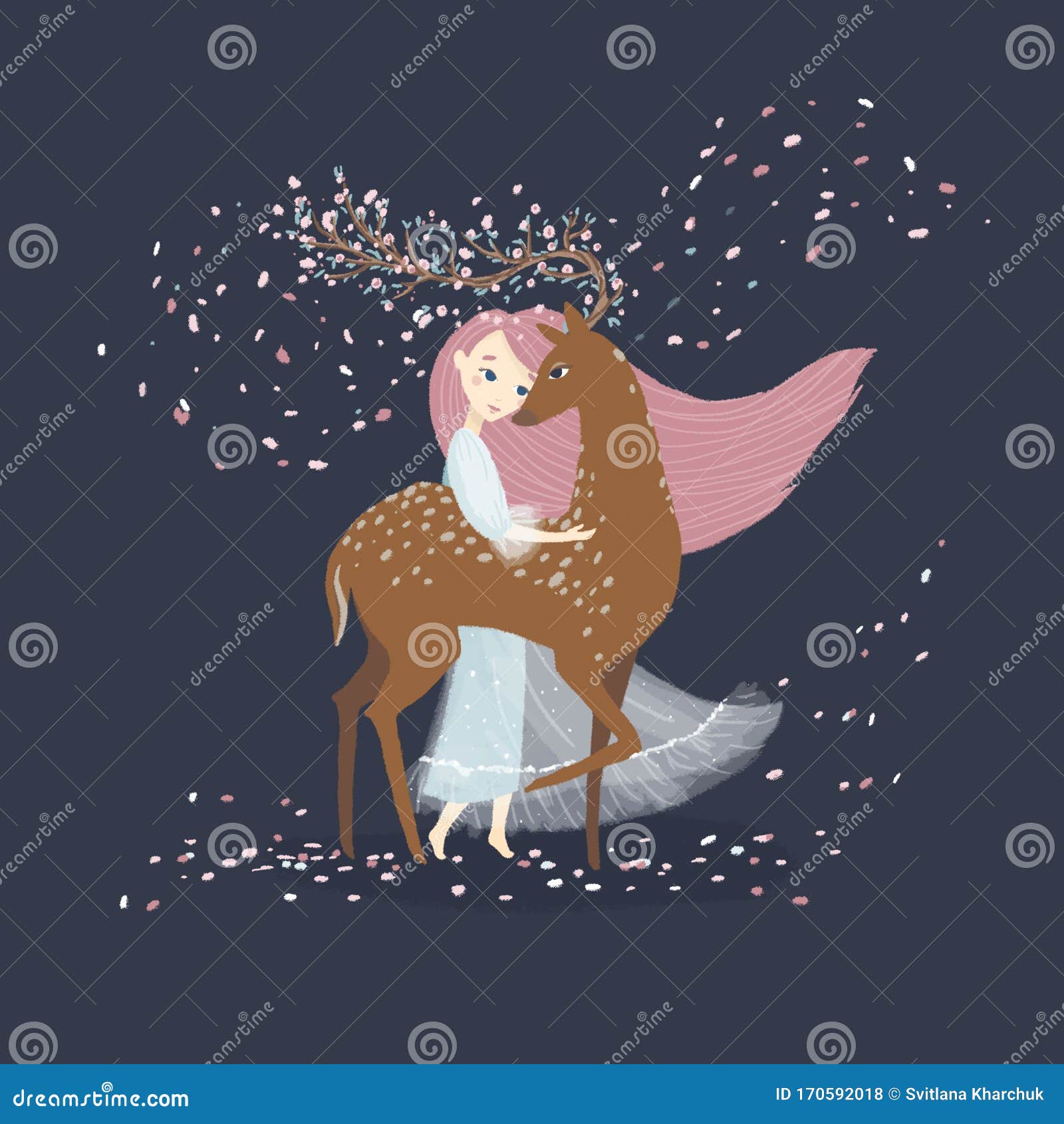 Girl Hugs a Magic Deer with Blooming Horns. Beautiful Little Character with  Long Pink Hair. Spring Fairy Tale Stock Illustration - Illustration of  face, girl: 170592018