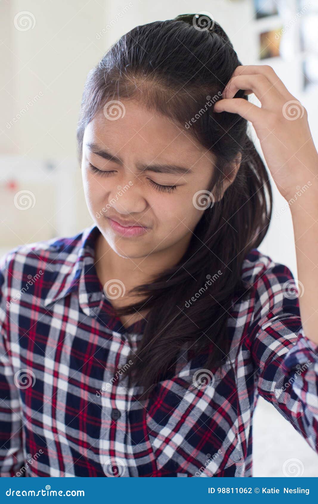Young Girl Itching Scalp in Bedroom Stock Photo Image of irritation