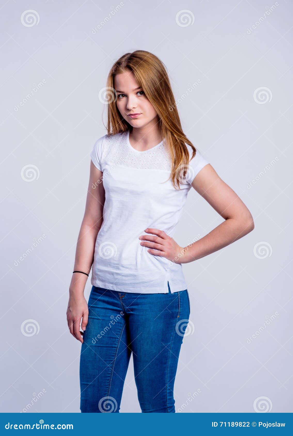 Girl In Jeans And T-shirt, Young Woman, Studio Shot Stock Photo - Image ...