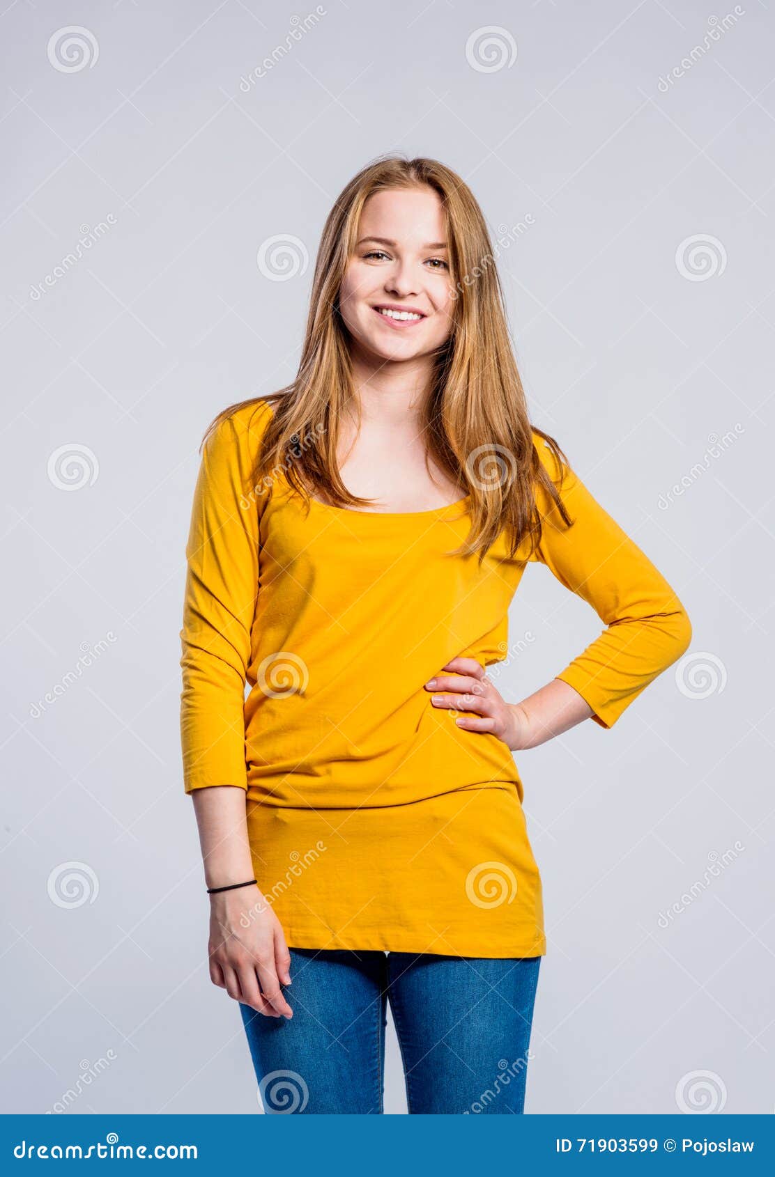 Girl in Jeans and T-shirt, Young Woman, Studio Shot Stock Image - Image ...