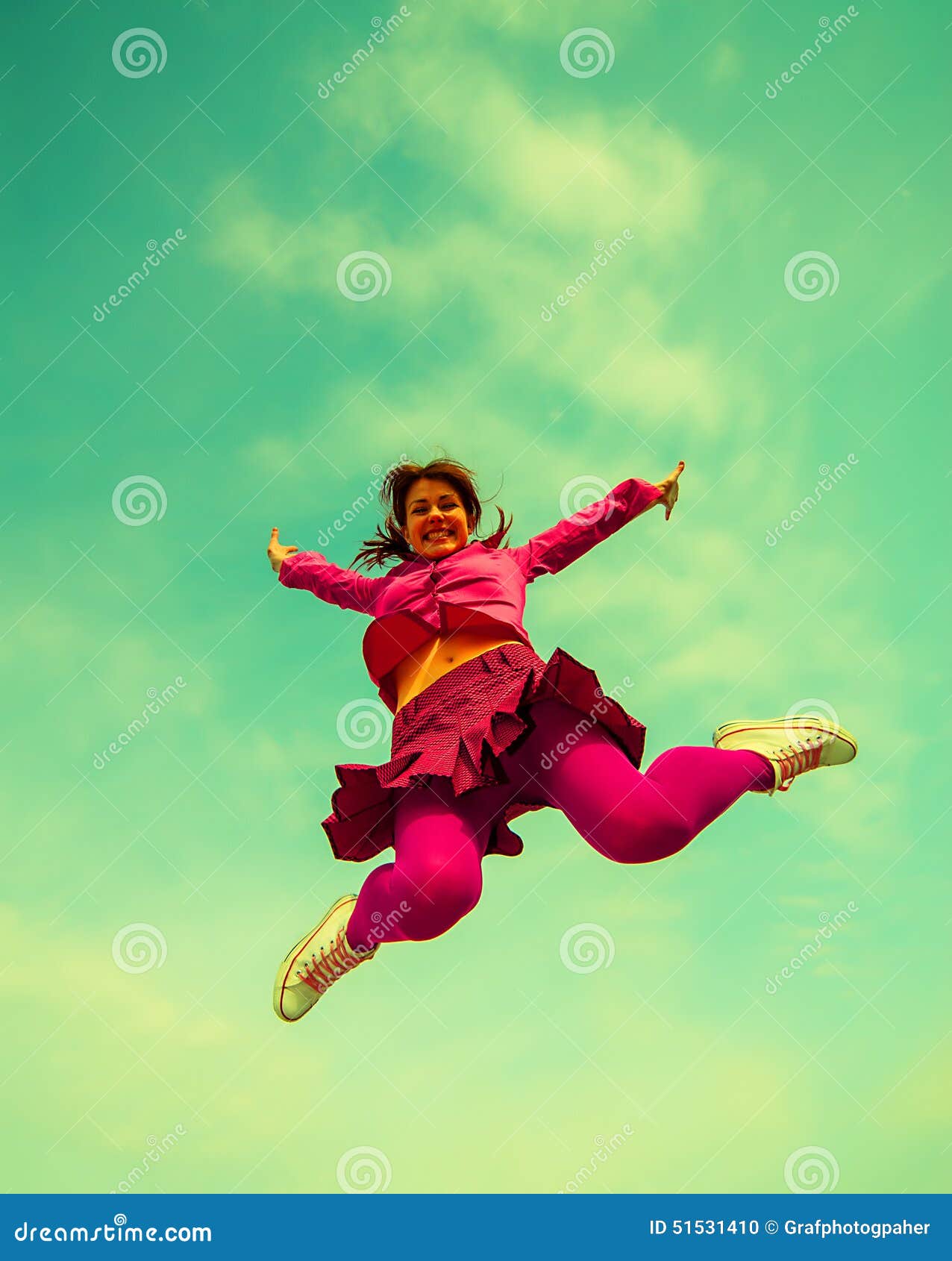 Girl jumped stock photo. Image of jumping, blue, outdoor 51531410