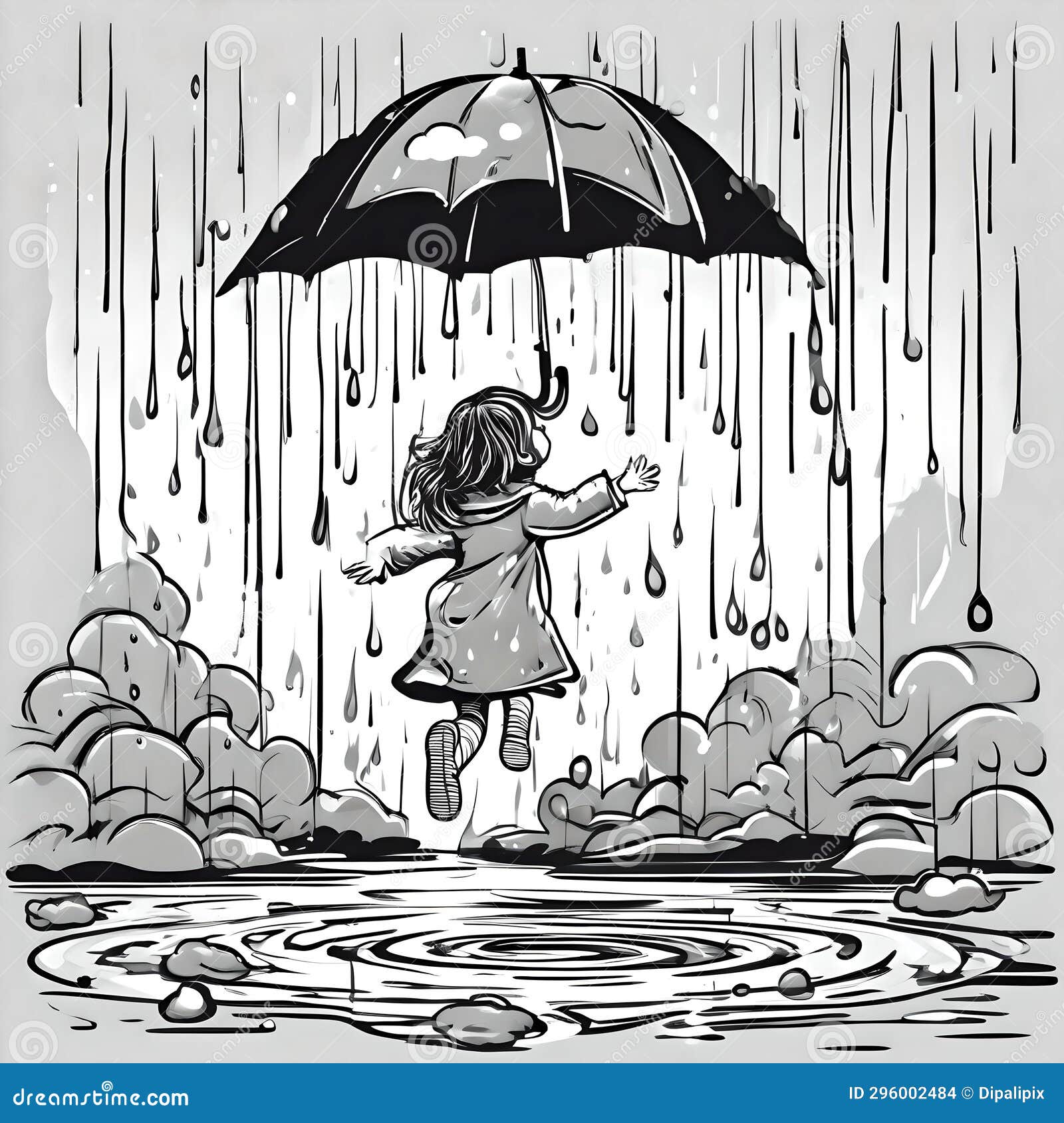 A Girl Jumping in the Puddle Stock Illustration - Illustration of