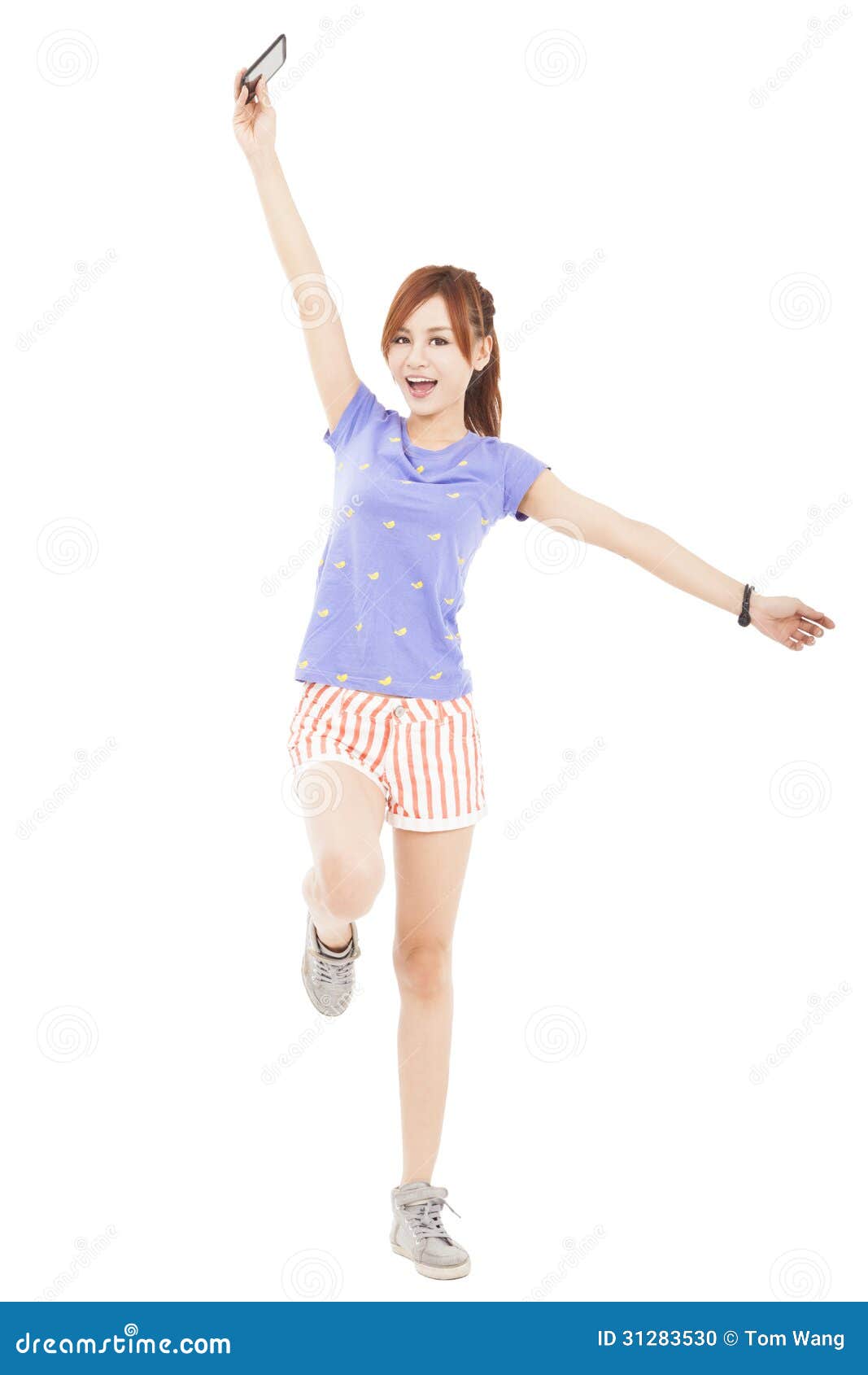Girl Jumping with Smart Phone in the Hand Stock Photo - Image of ...