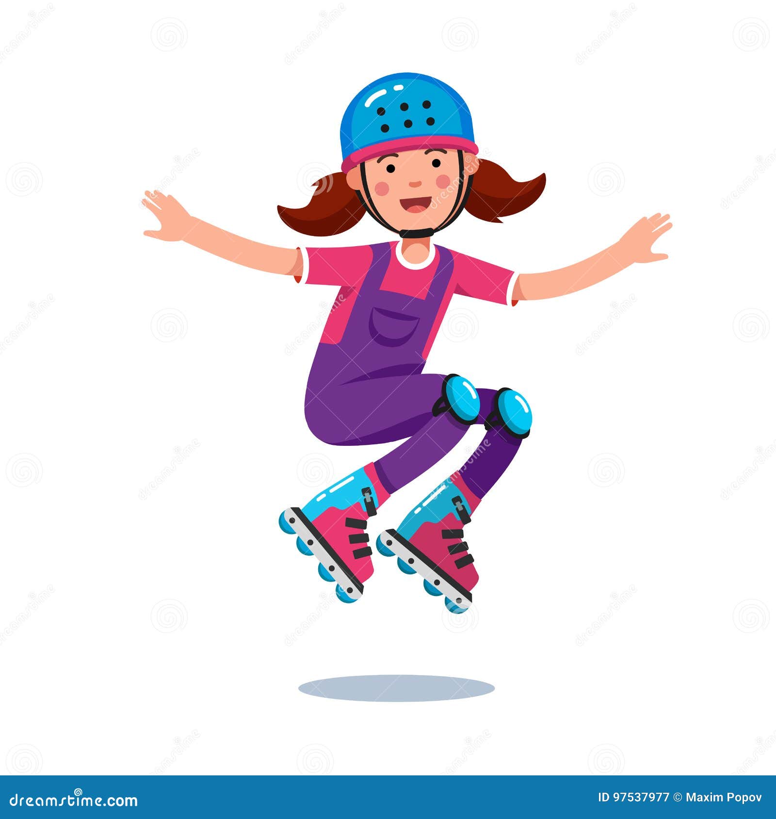 girl in jumpsuit, helmet jumping on roller blades