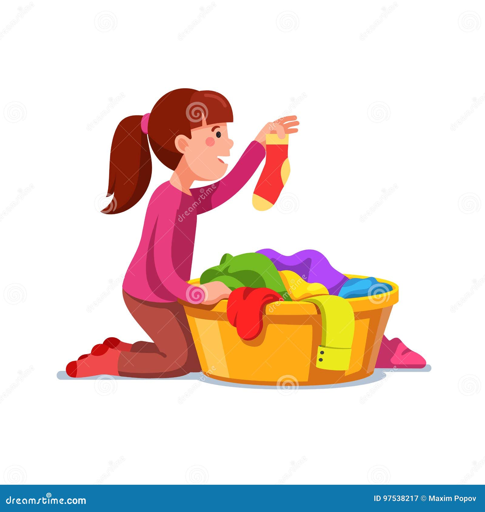 Girl Kid Doing Housework Chores Sorting Laundry Stock Vector