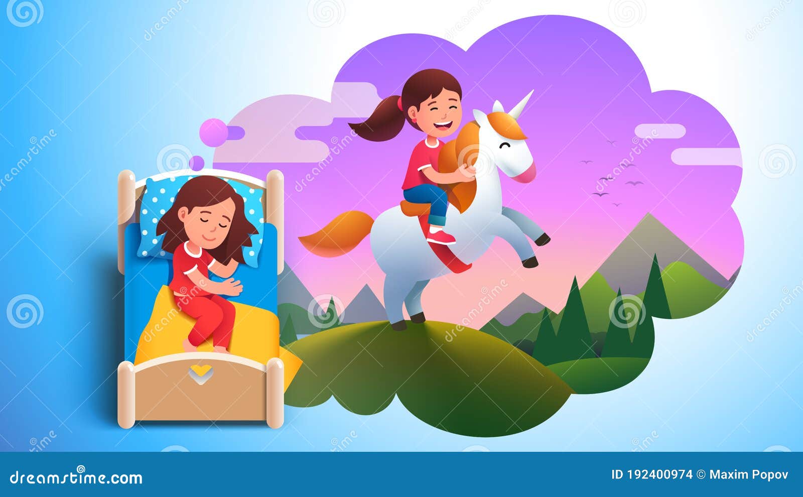 Girl Kid Sleeping Dreaming About Riding Unicorn Stock Vector