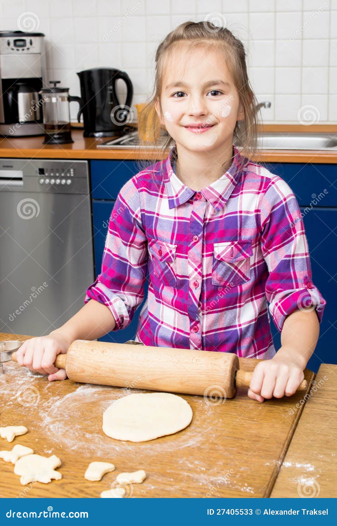 Girl Kneading Dough with Rolling Pin. Stock Image Image of smiling