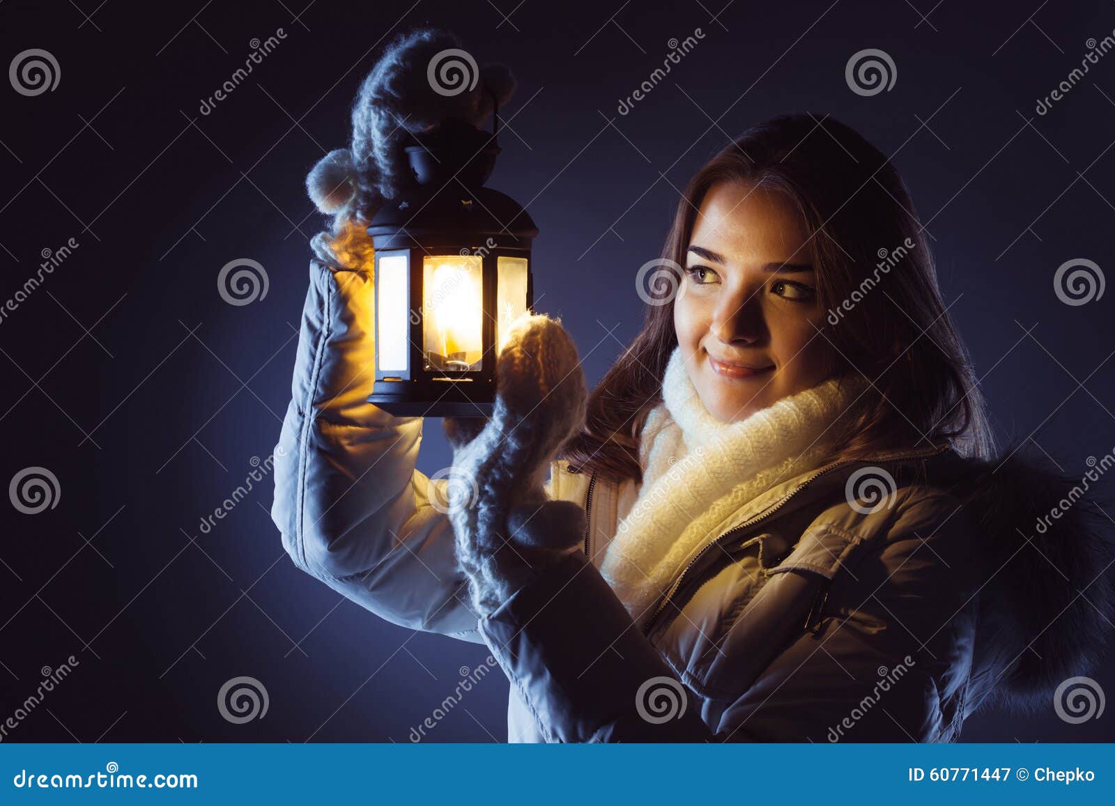 Girl with Lantern Seeking in Night Stock Image Image of beautiful