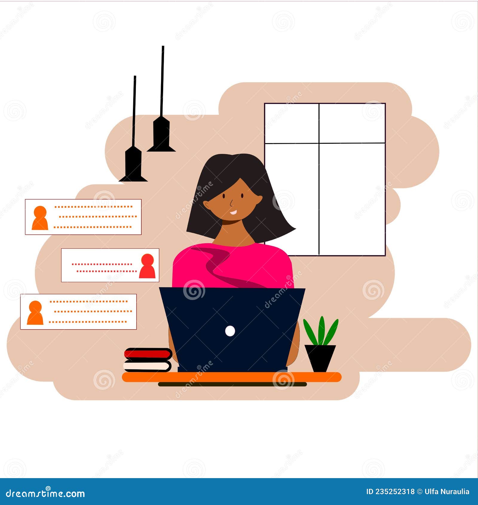 girl with laptop work from home, freelancer, or doing comunications using laptop.