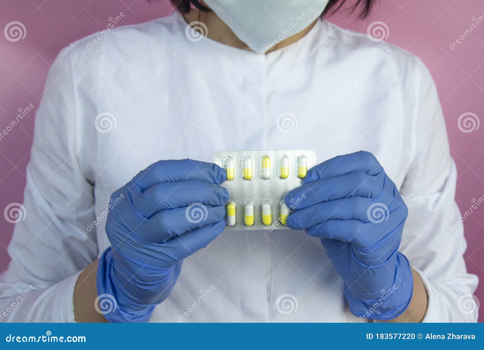 A Girl In Latex Blue Gloves Holds Pills In Her Hands Healthcare