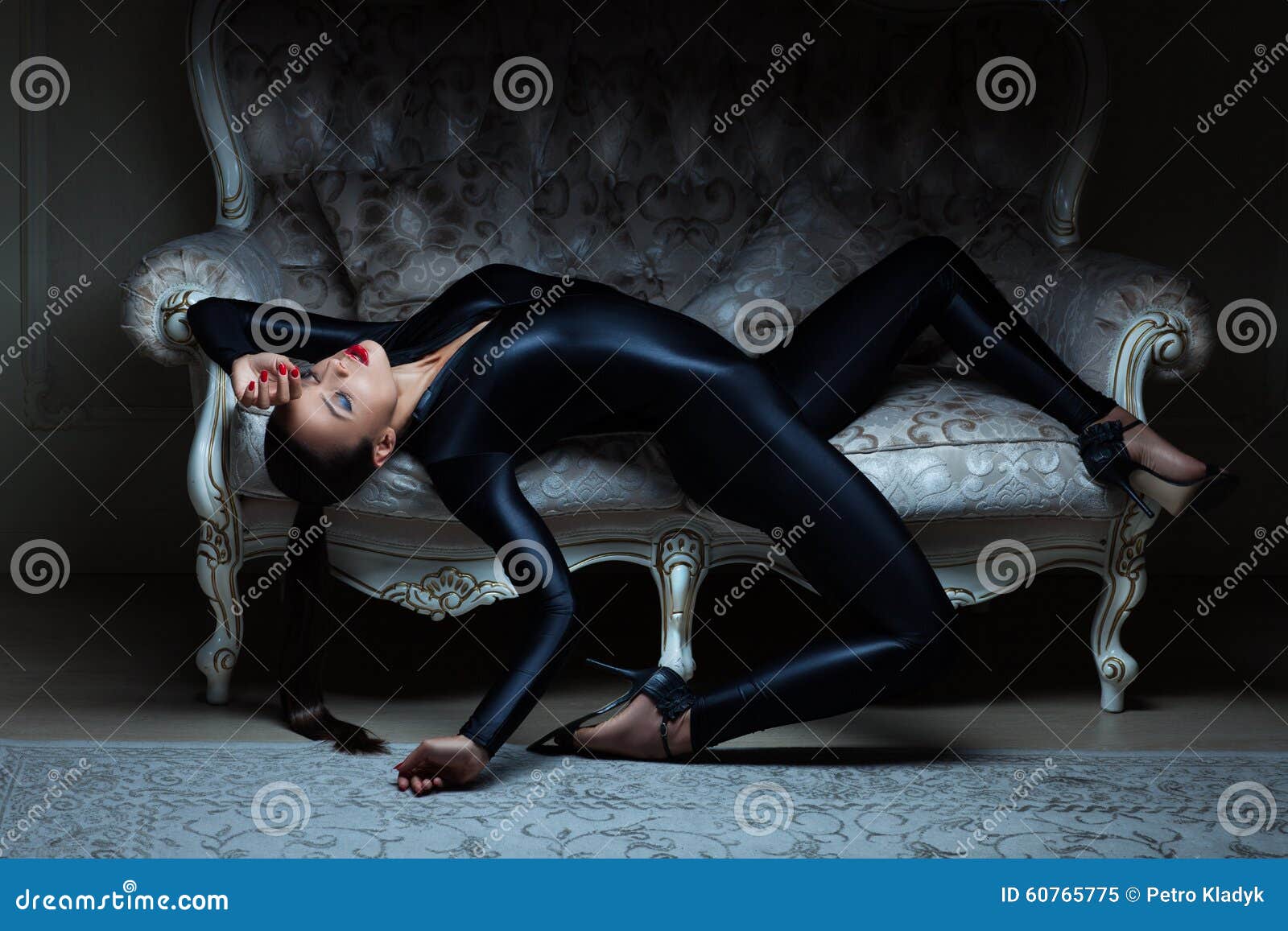 Girl Latex Suit Arched Her Back While Lying Sofa Stock Image Image
