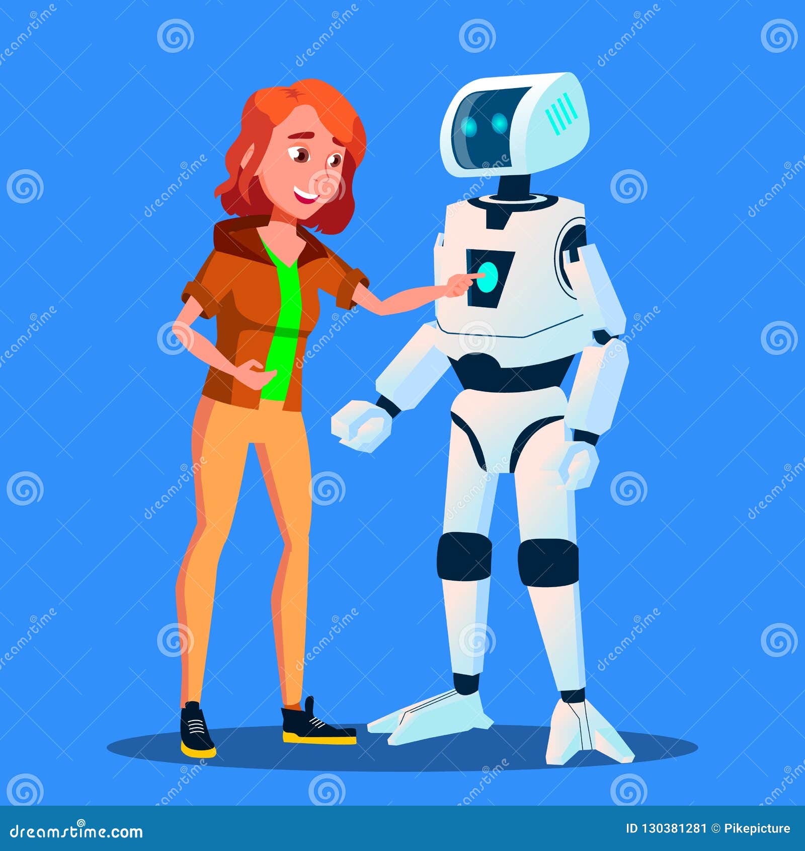 Girl Launching Control Panel of Smart Home Robot Helper Vector. Isolated Illustration Vector - Illustration of humanoid, machine: 130381281