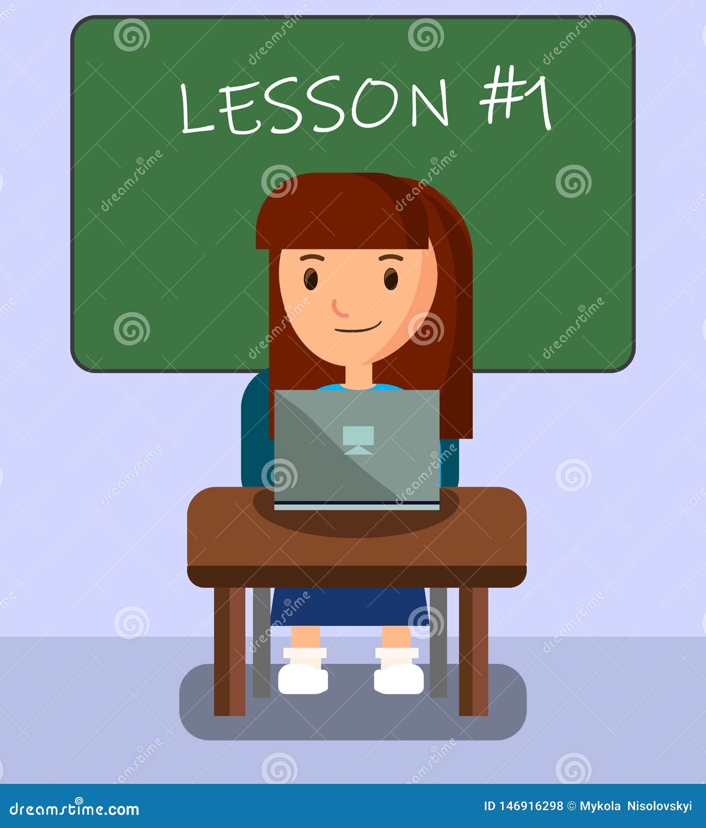 girl learning in classroom using laptop on lesson.