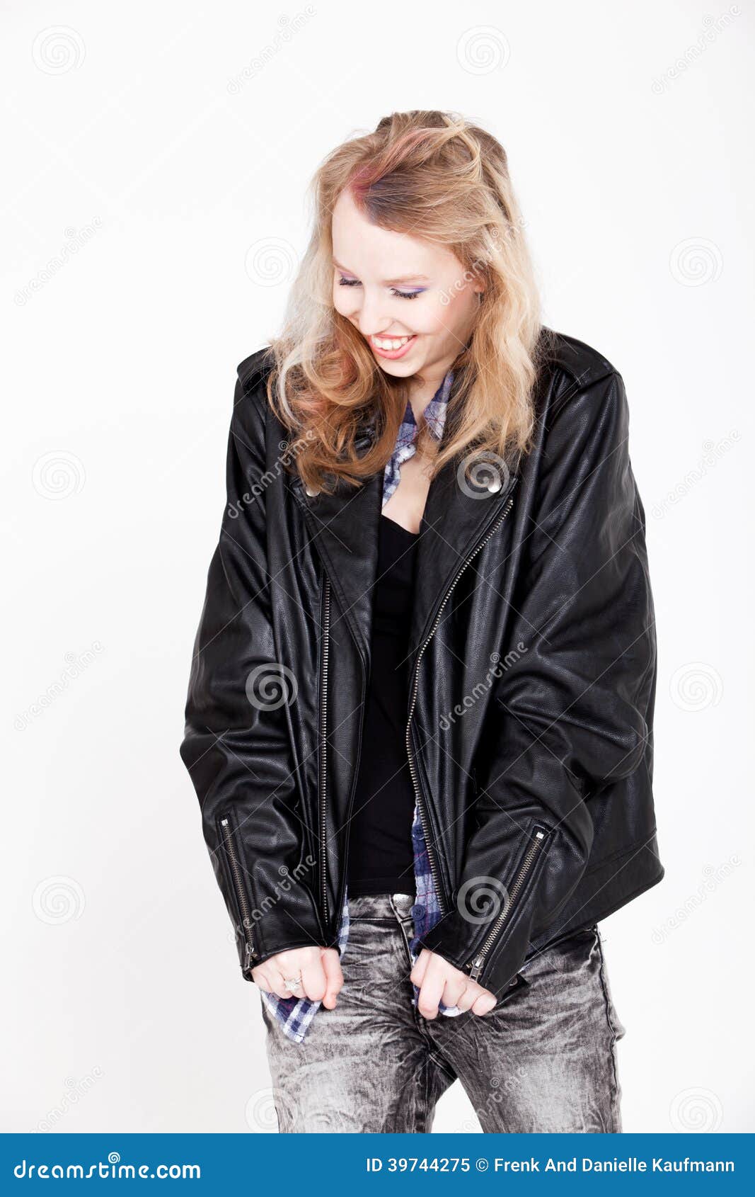Girl in leather is smiling stock image. Image of sweet - 39744275