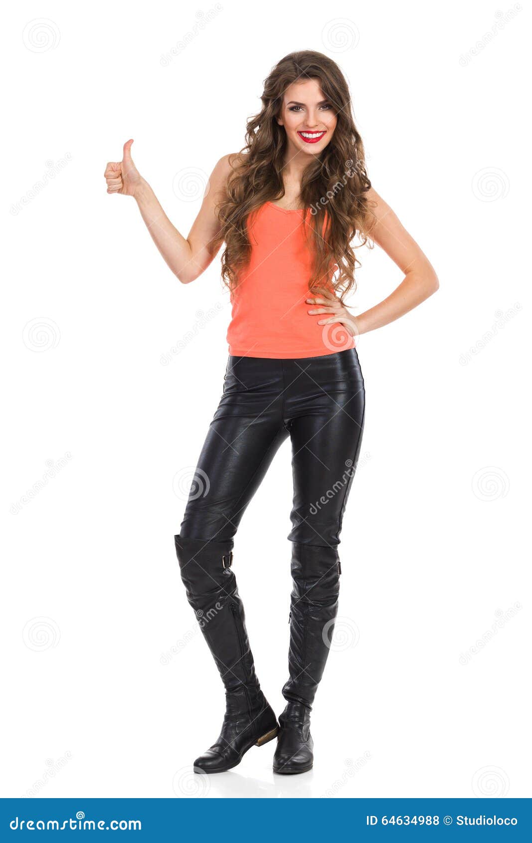 Girl in Leather Trousers Giving Thumb Up Stock Photo - Image of ...