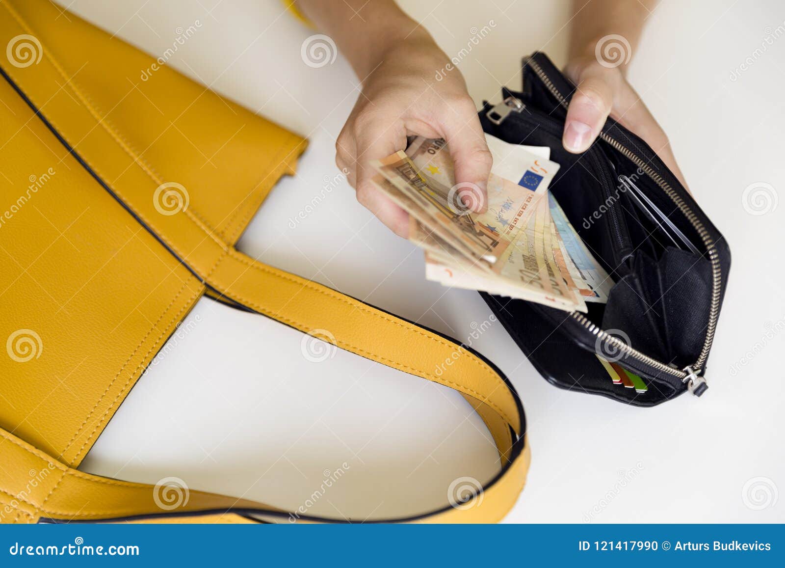 Girl With Leather Wallet Full Of Money. European Euro Bills Stock Photo - Image of europe ...