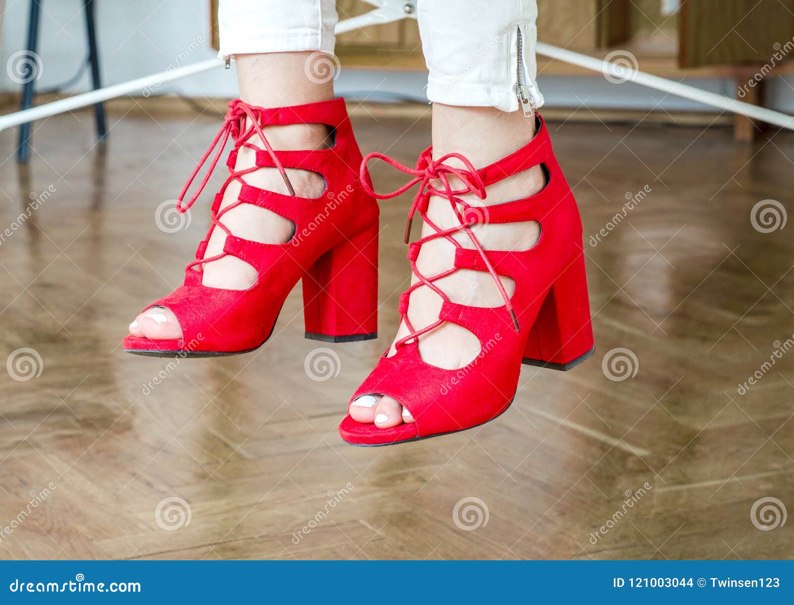 Girl legs in red shoes stock photo. Image of adult, footwear 121003044