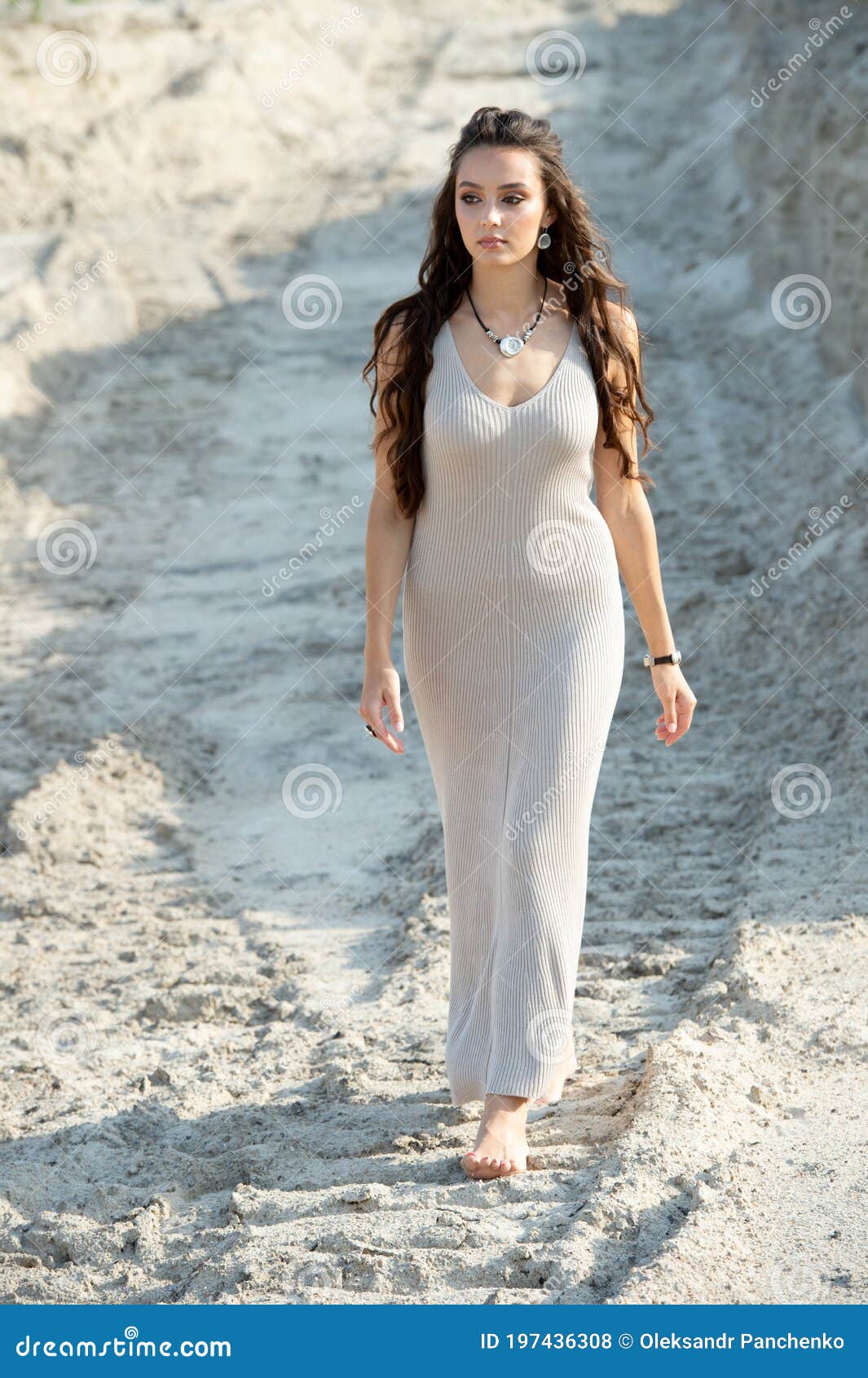 Girl in a Light Dress Walks Barefoot Along the Seashore. Bohemian ...