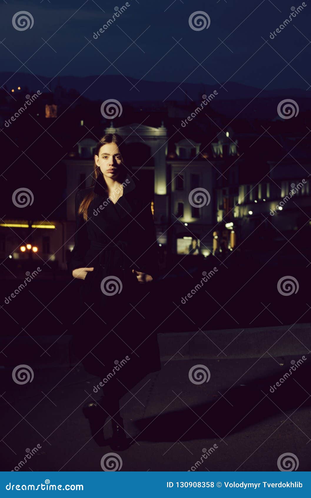 Girl in Light of Street Lamps, Woman at Night City Stock Photo - Image ...