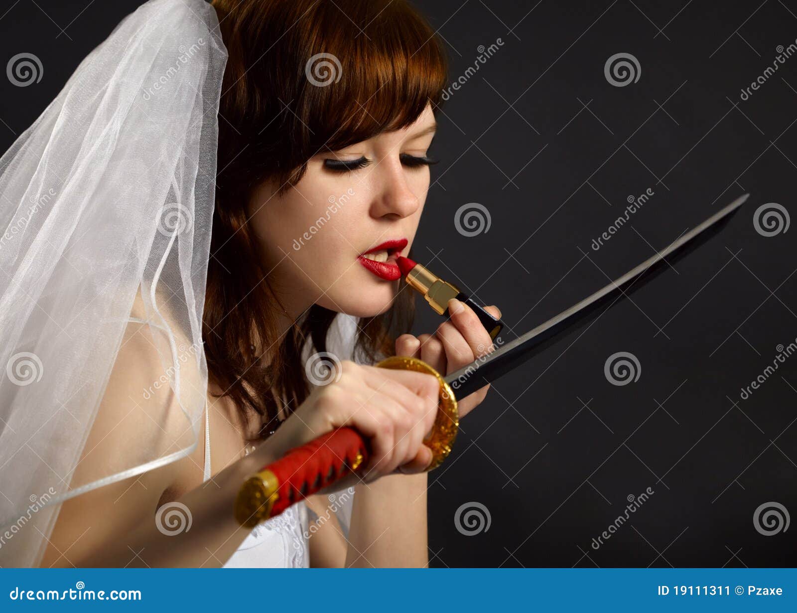 Girl Lipstick Looking at Blade of Sword Stock Image - Image of ...
