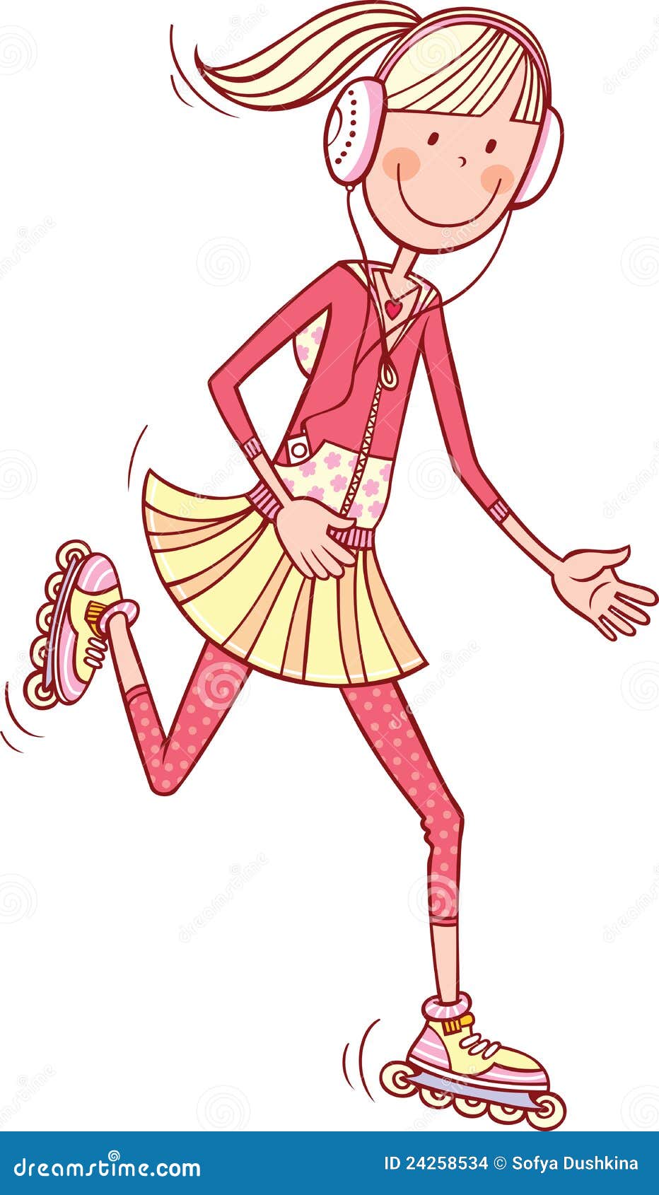 Girl Listen Music Riding on Roller Skates Stock Vector Illustration