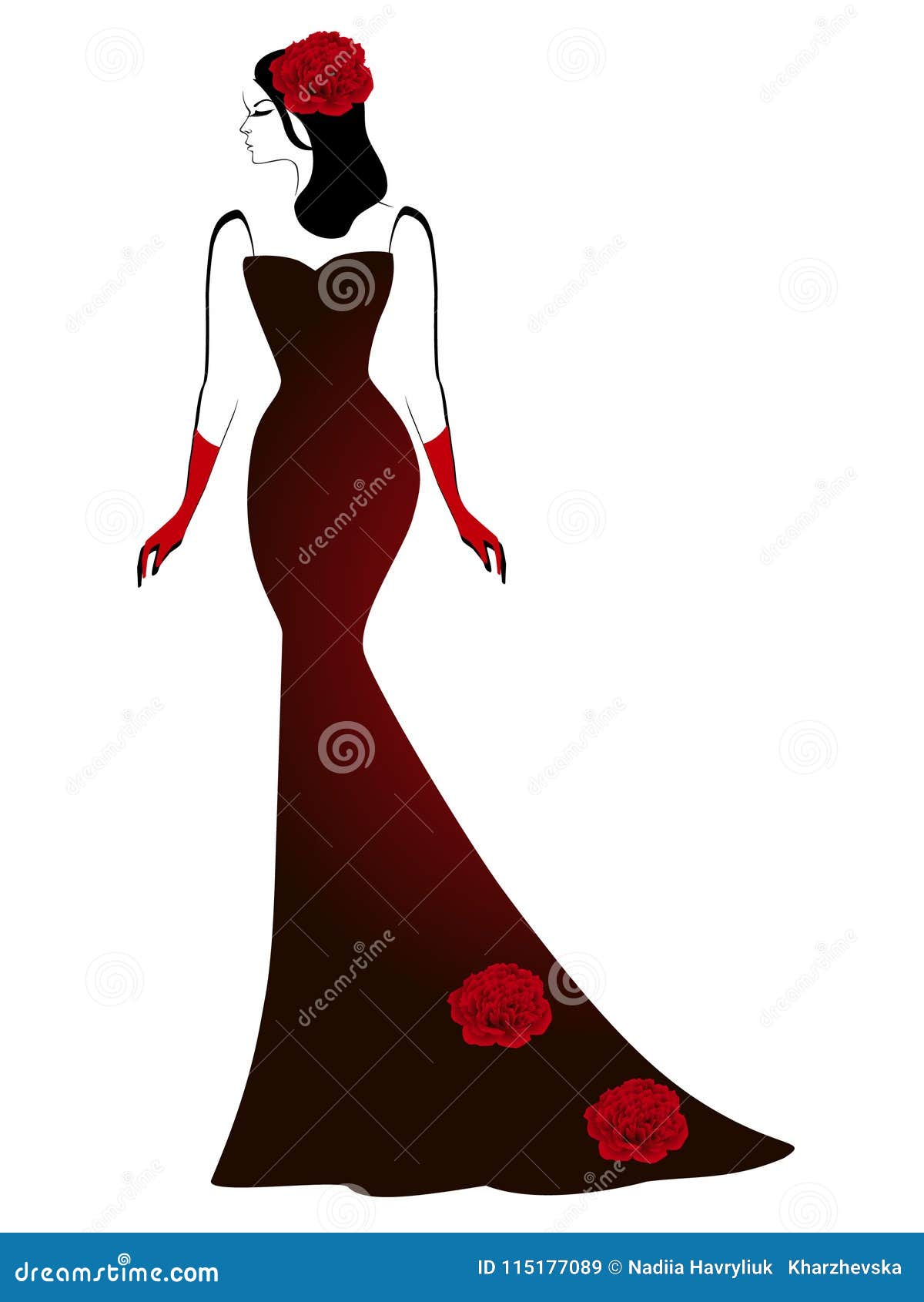 A Girl in a Long Black Dress with Red Peony Flowers. Stock Vector ...