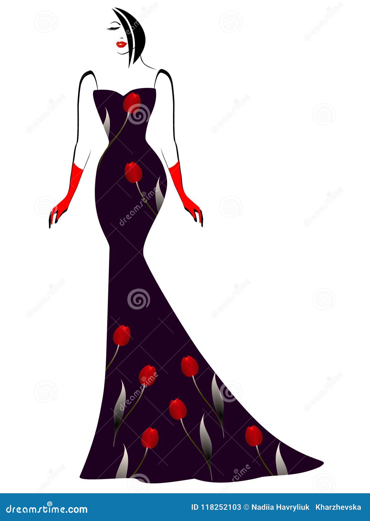 Girl in a Long Black Dress with Red Tulips. Stock Vector - Illustration ...