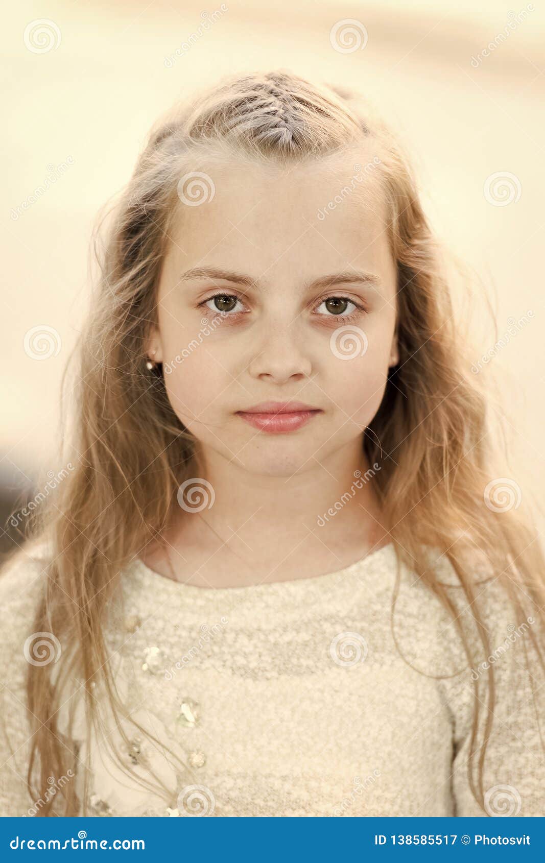 Girl With Long Hair On Calm Face Light Background Kid Girl