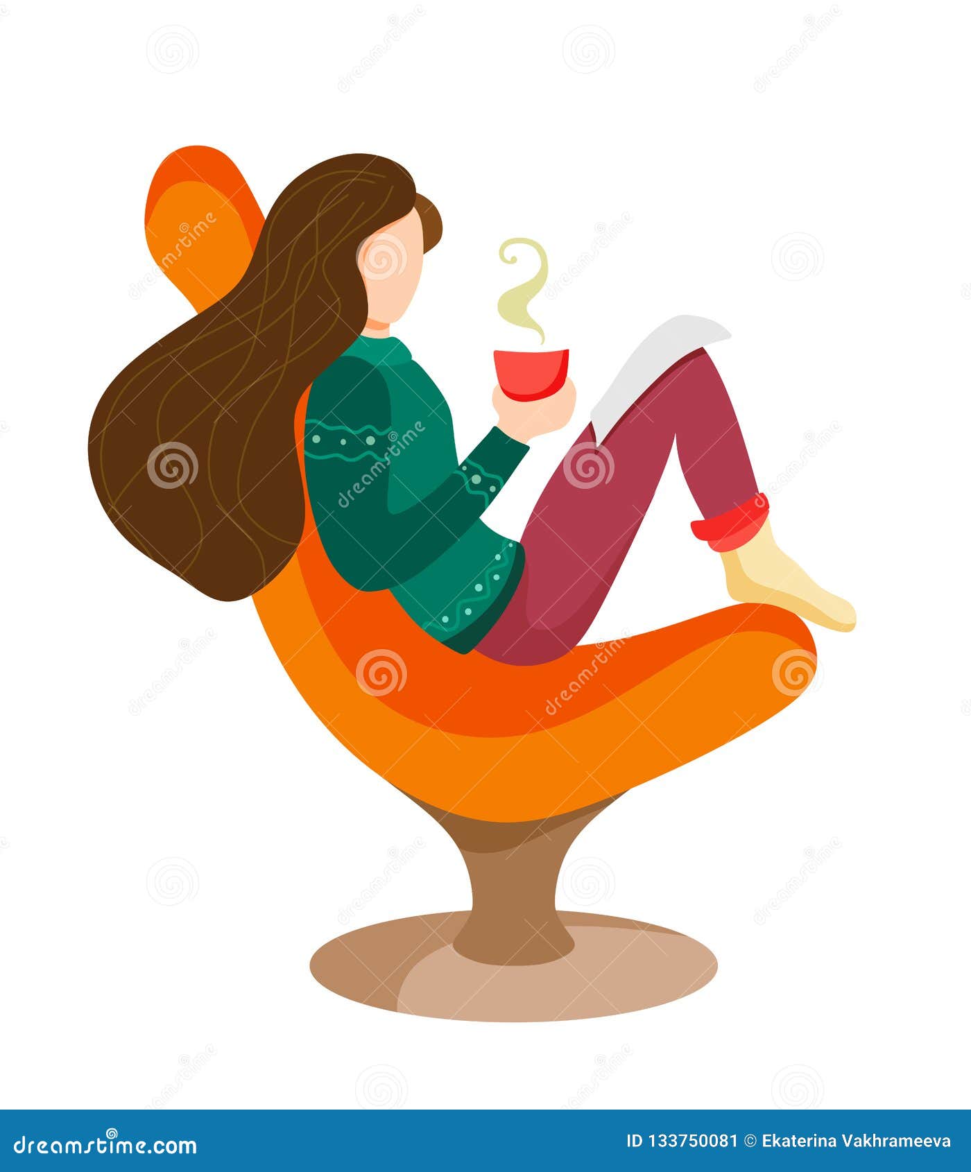 A Girl with Long Hair and a Cup of Hot Drink in Her Hand Reads the Story in  the Chair. Illustration of a Flat Style Cartoon on a W Stock Vector -