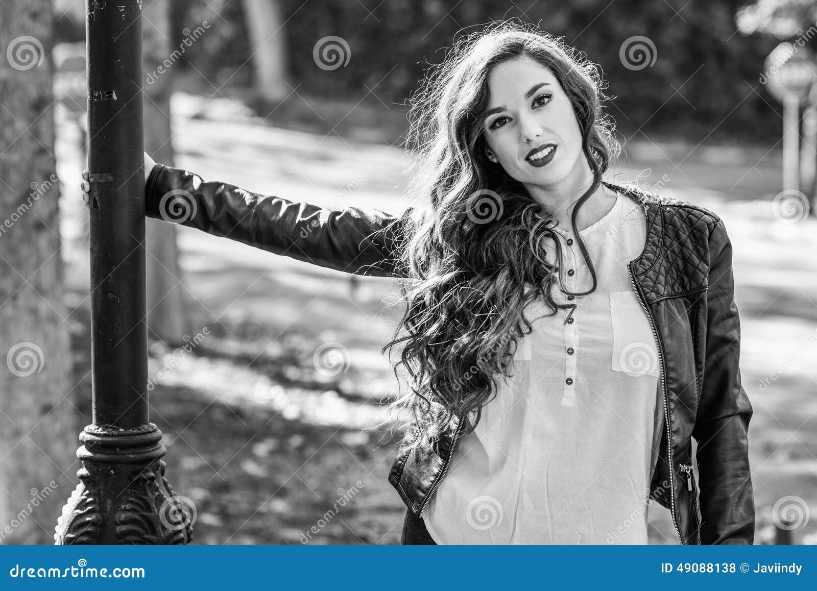 Girl with Long Hair Wearing Leather Jacket Stock Photo - Image of ...