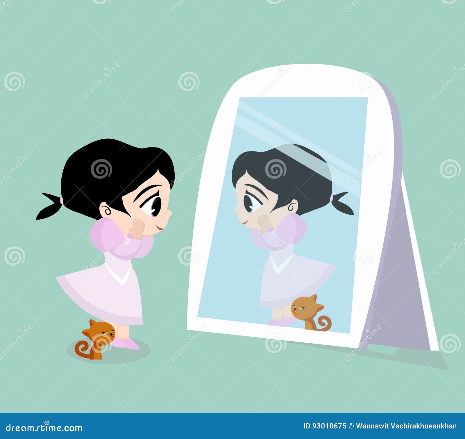 Girl Looking and Cat Standing in Front of the Mirror Stock Vector ...