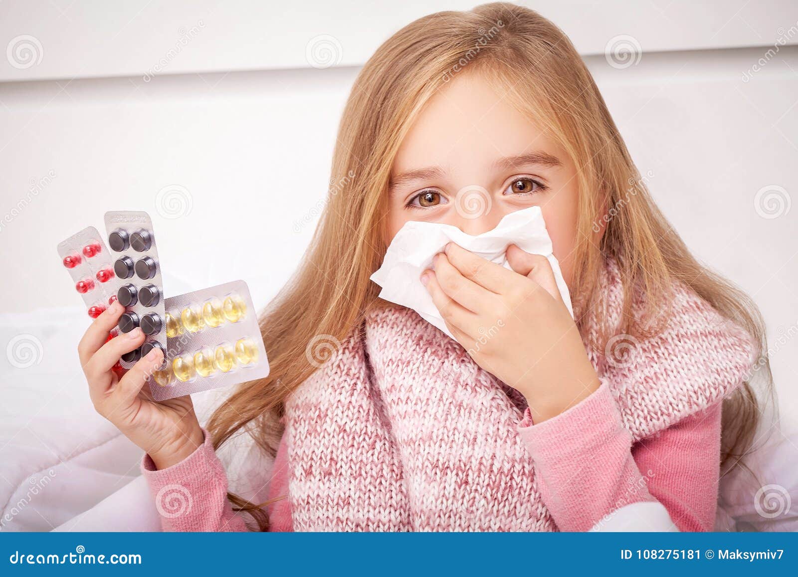 Girl Looking at Cold and Flu Pills Stock Image Image of children