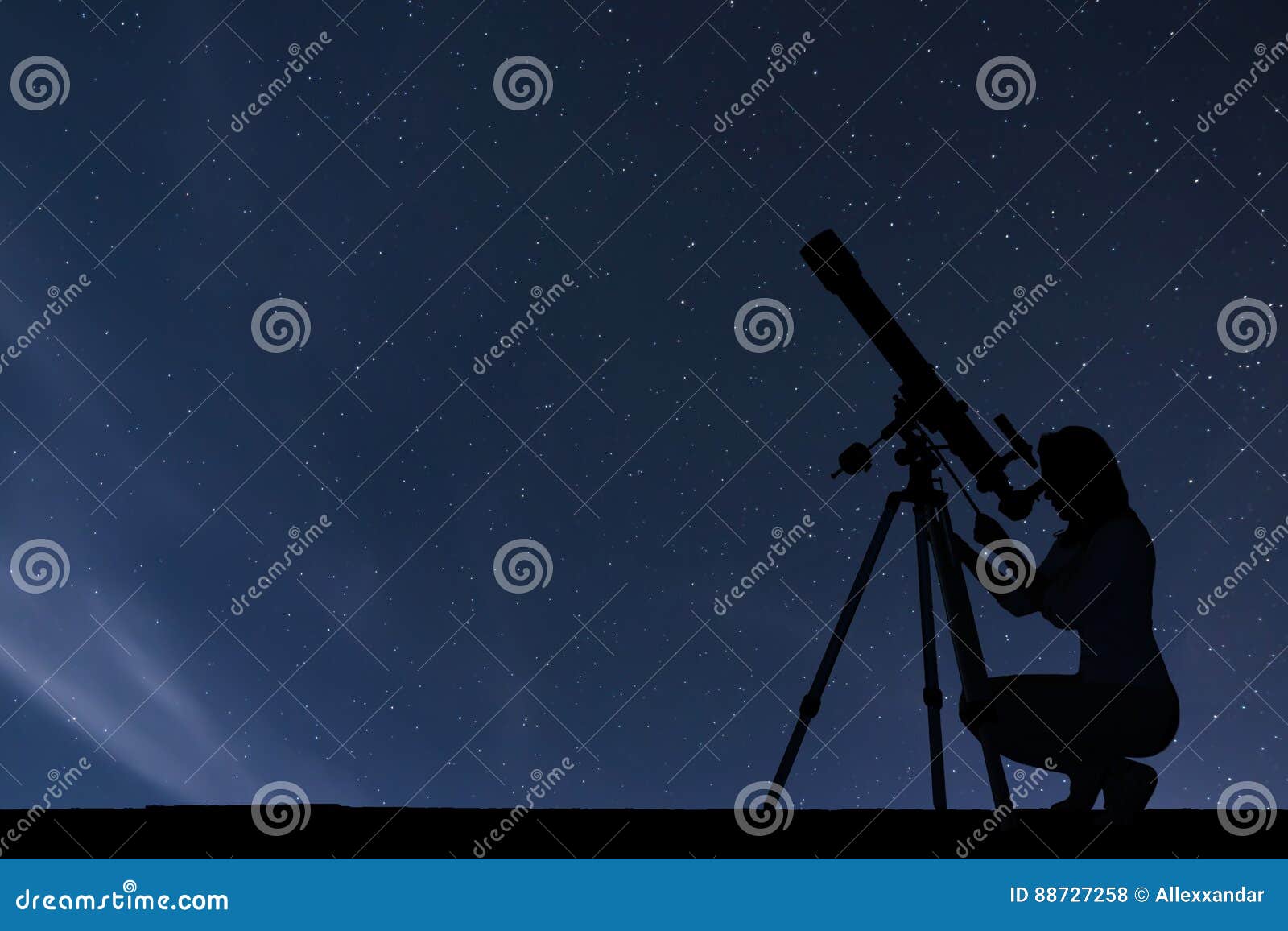 Girl Looking At The Stars With Telescope Starry Night Sky Stock