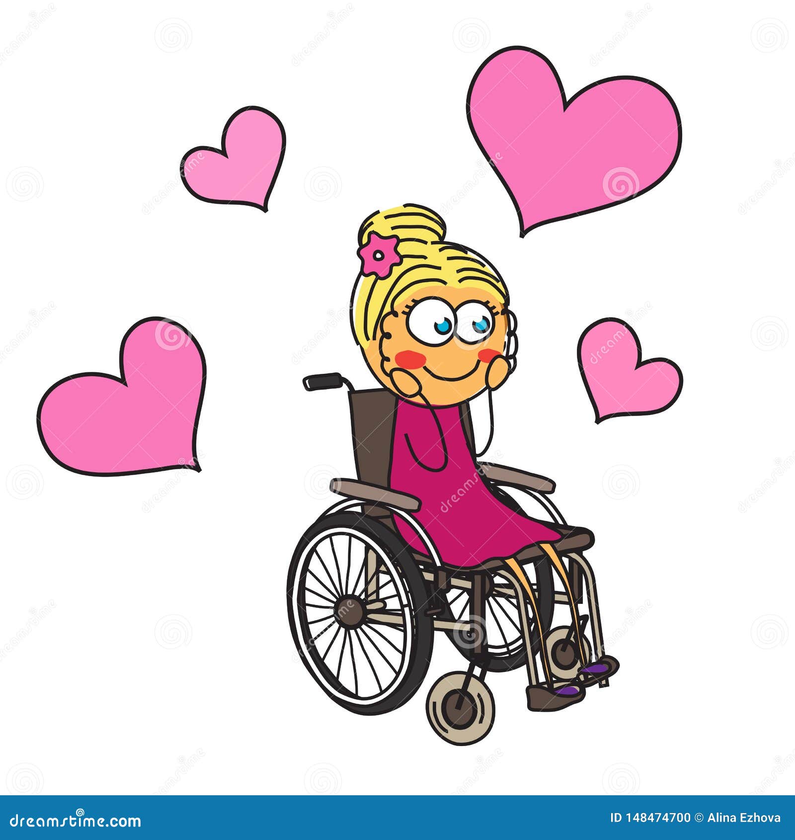 A Girl in Love in a Wheelchair on a White Background. Stock Vector