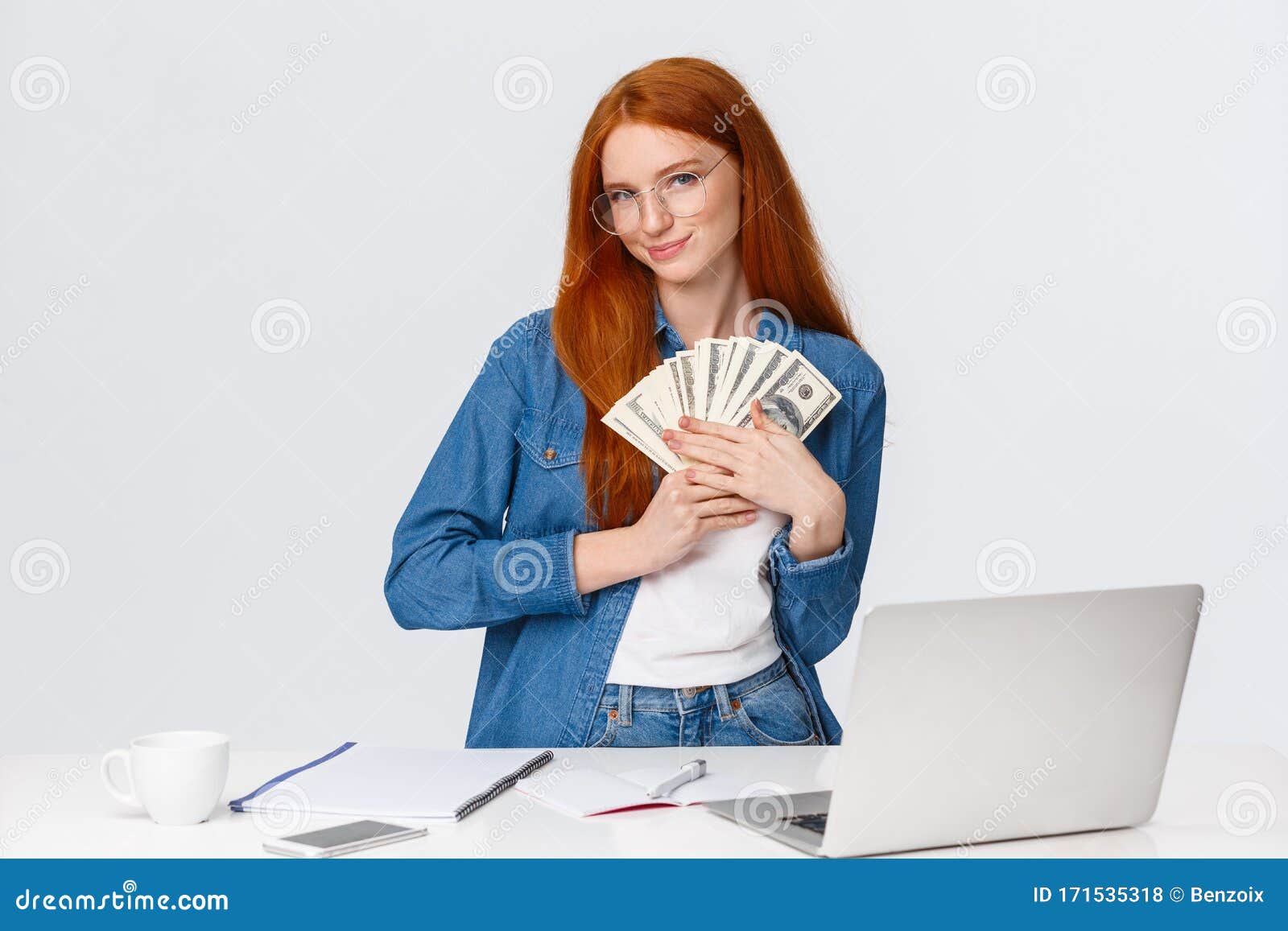 Girl Loves Money Feeling Warmth Of Cash In Hands Standing Silly And Delighted Received