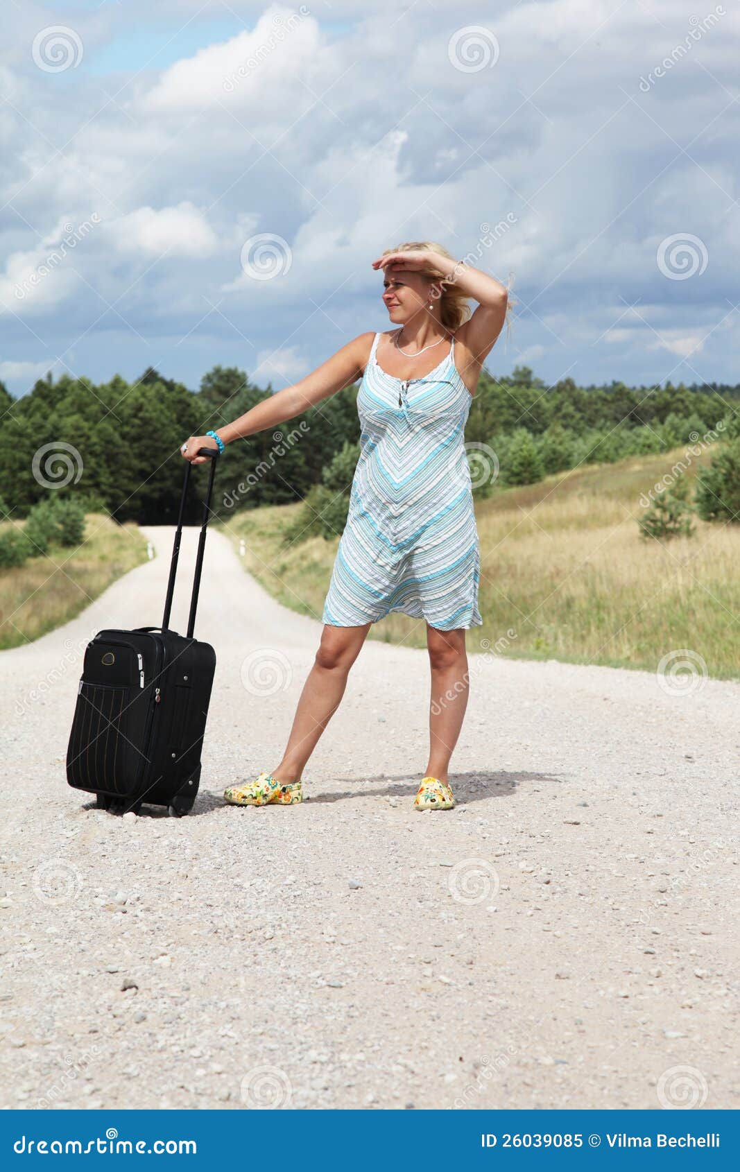 Girl with Luggage on the Road Stock Image Image of suitcase, field