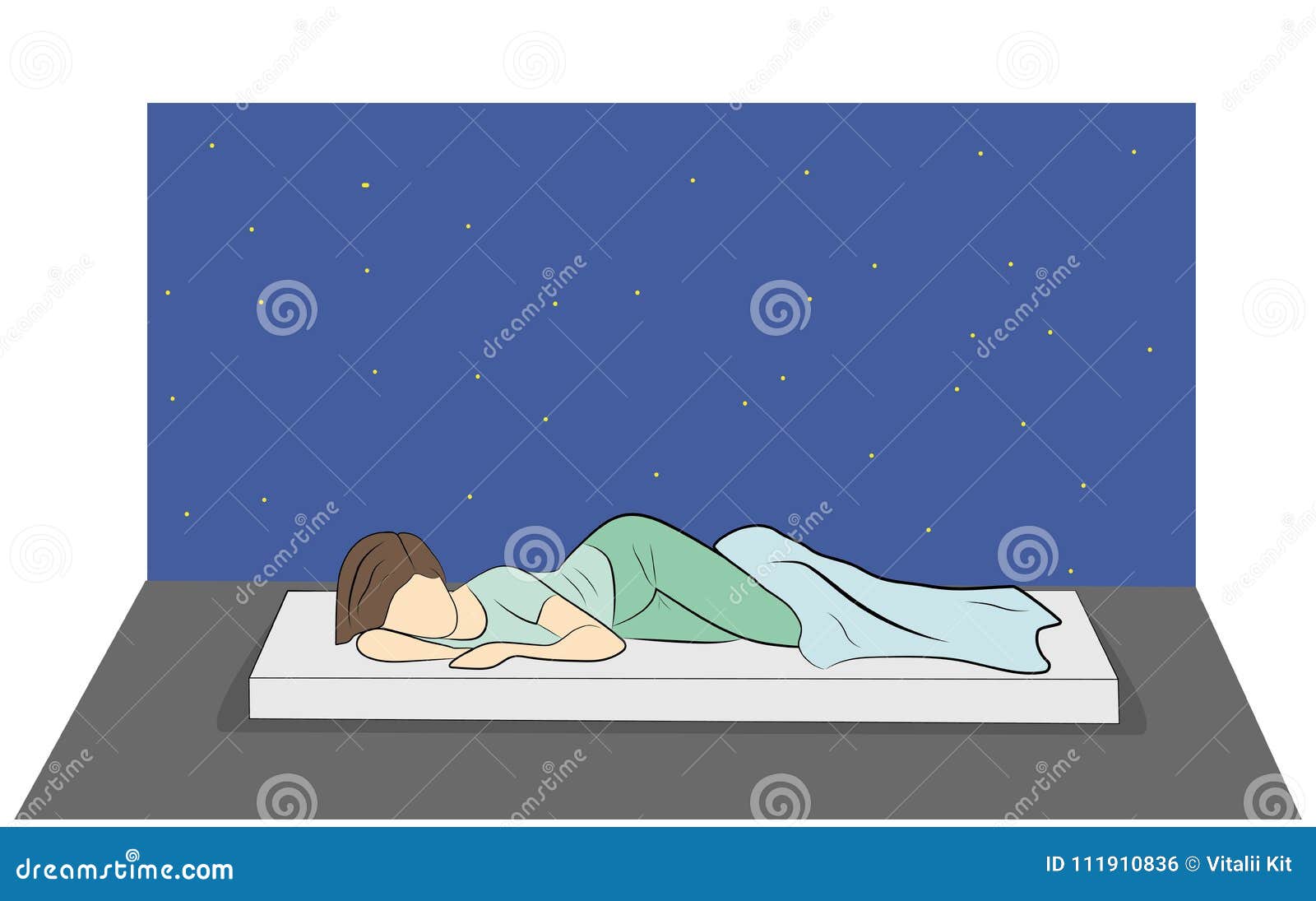 The Girl is Lying on the Bed at Night. Vector Illustration Stock Vector