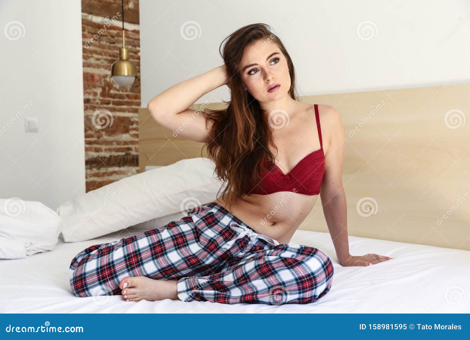 Girl Lying on the Bed in Pajamas and Red Bra Stock Image - Image of woman,  redhead: 158981595