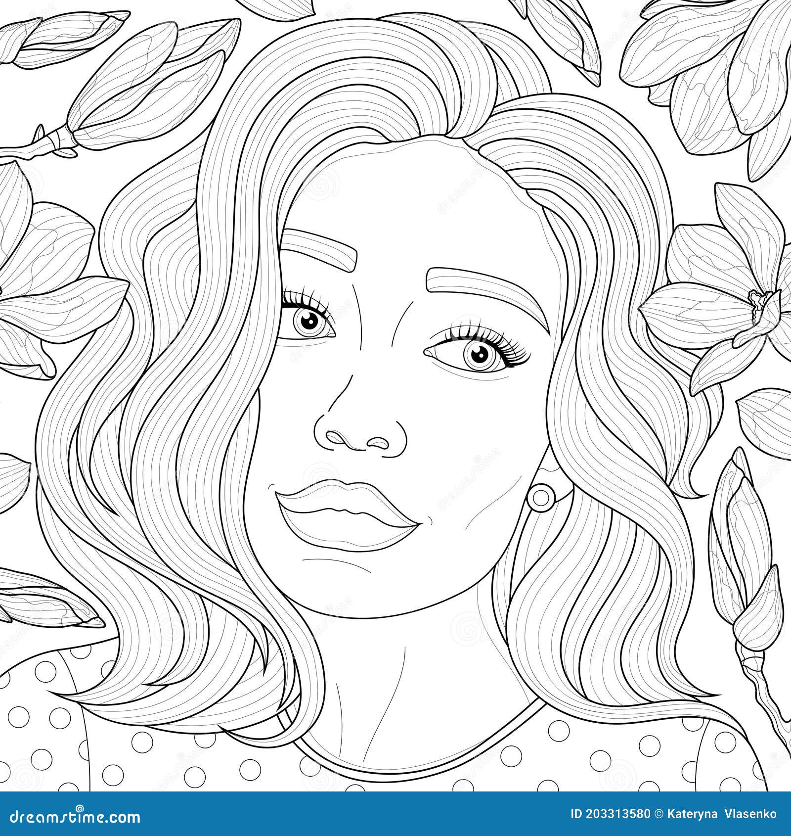 Girl among Magnolias.Coloring Book Antistress for Children and Adults ...