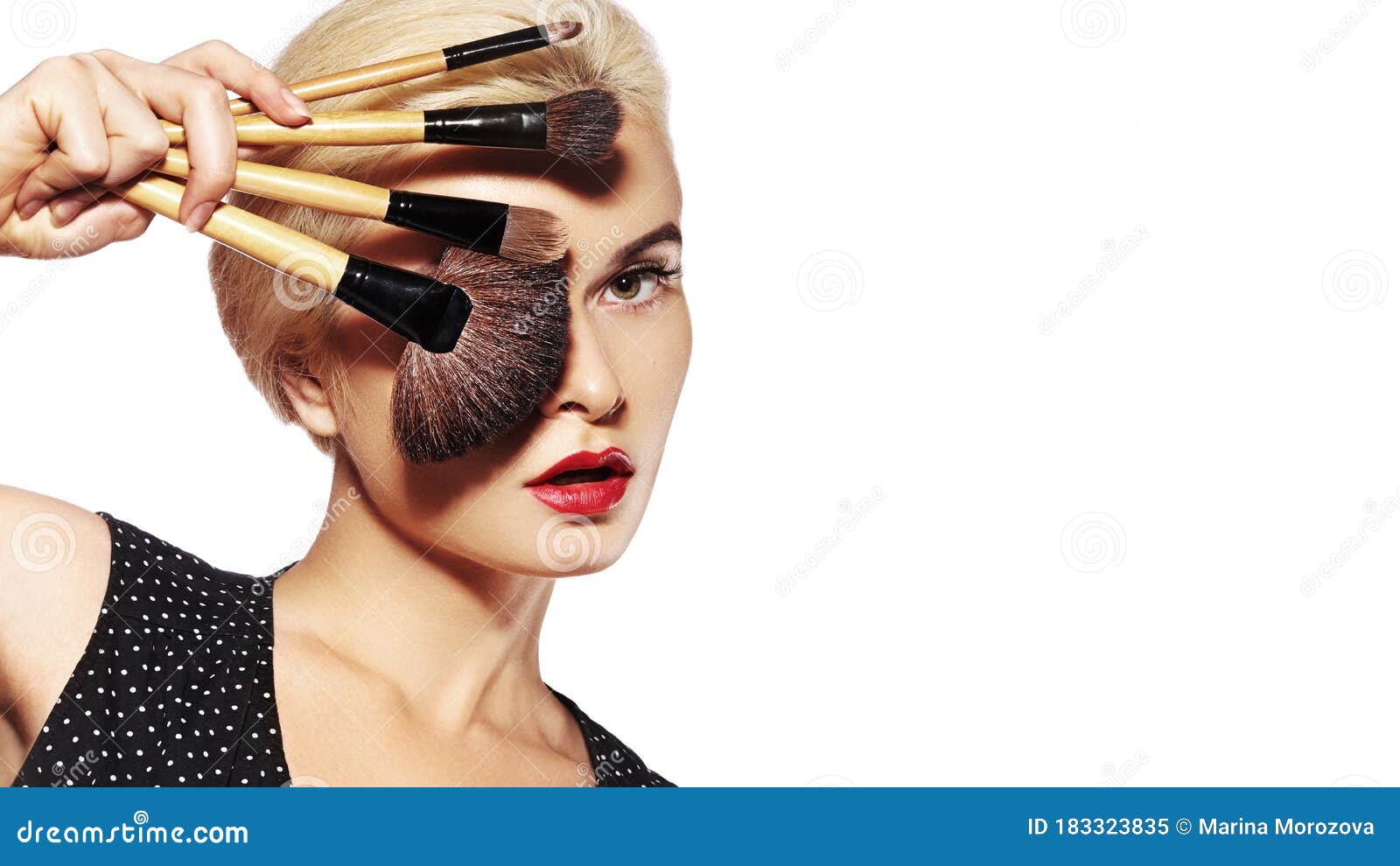 Girl with Makeup Beauty Brushes. Fashion Make-up for Woman. Make-up Artist  Applying Visage on White Background Stock Image - Image of lips, artist:  183323835