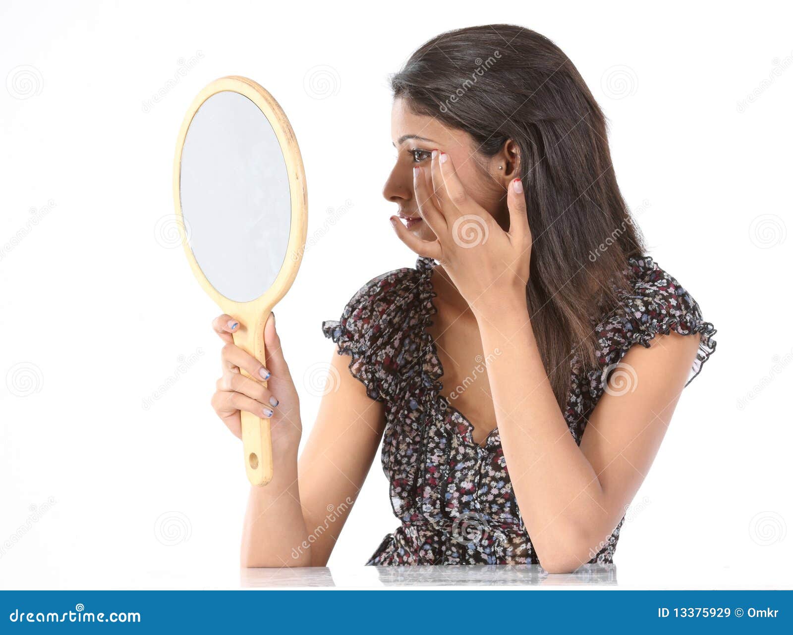 Girl with Makeup Mirror Adjusting Her Makeup Stock Image Image of