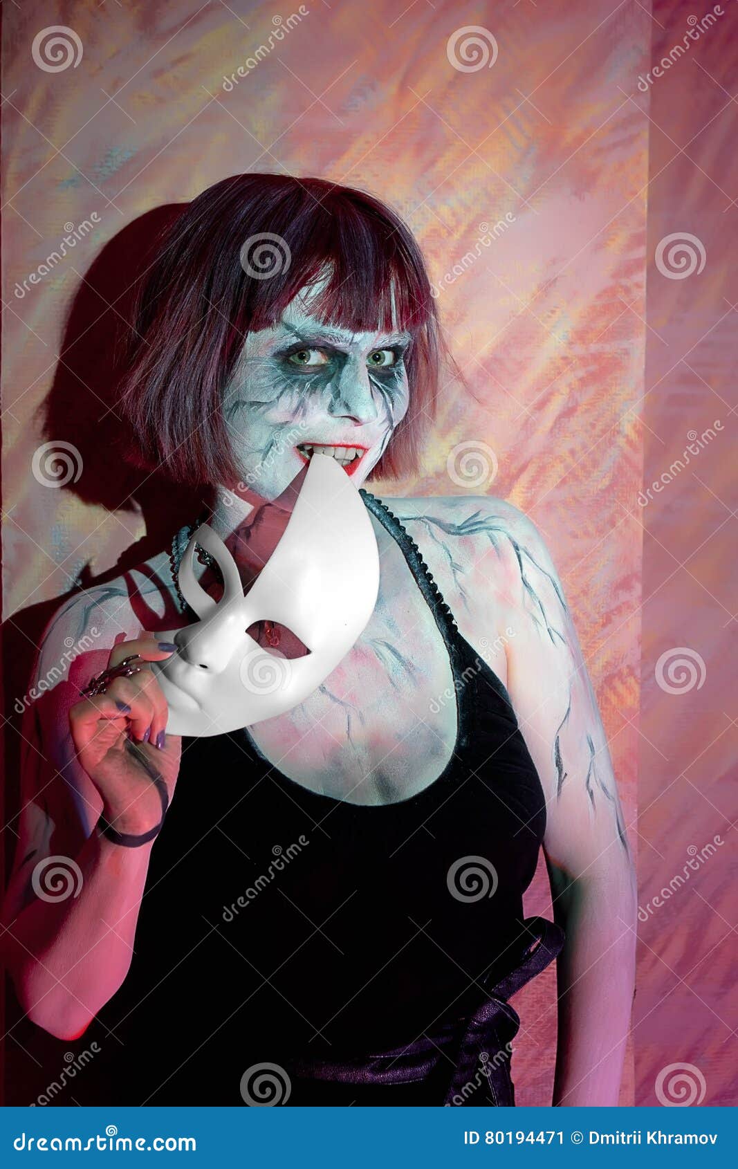 Girl with Makeup Zombies and White Mask Stock Image Image of look